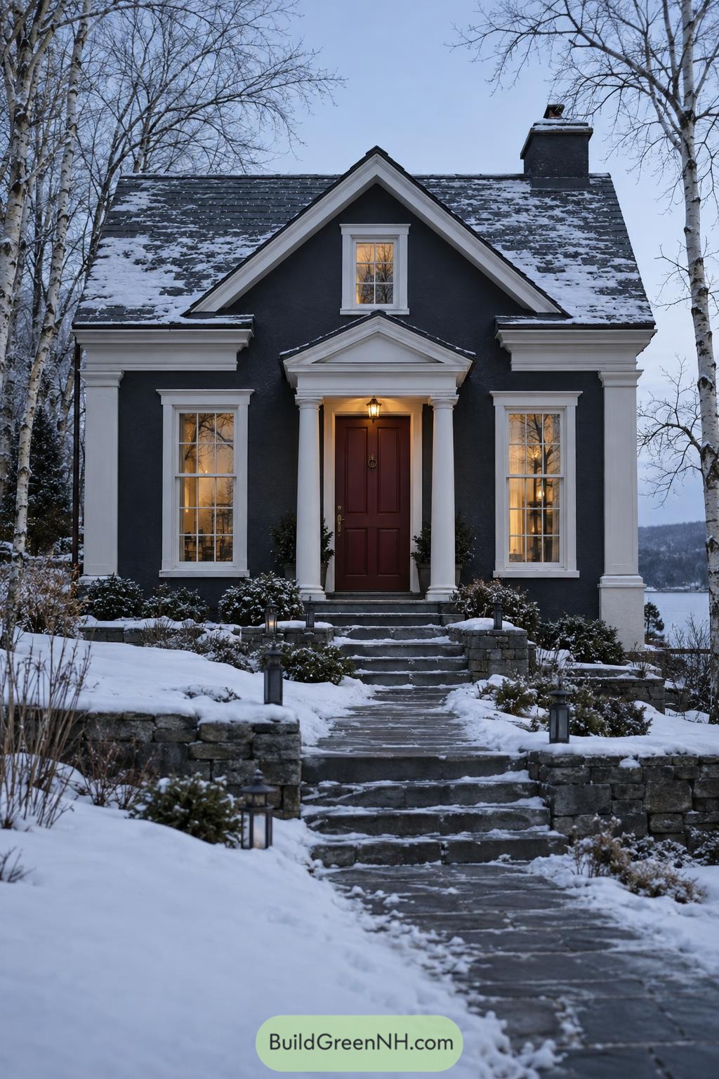 Dark charcoal Federal cottage with white columns and a red door in snow