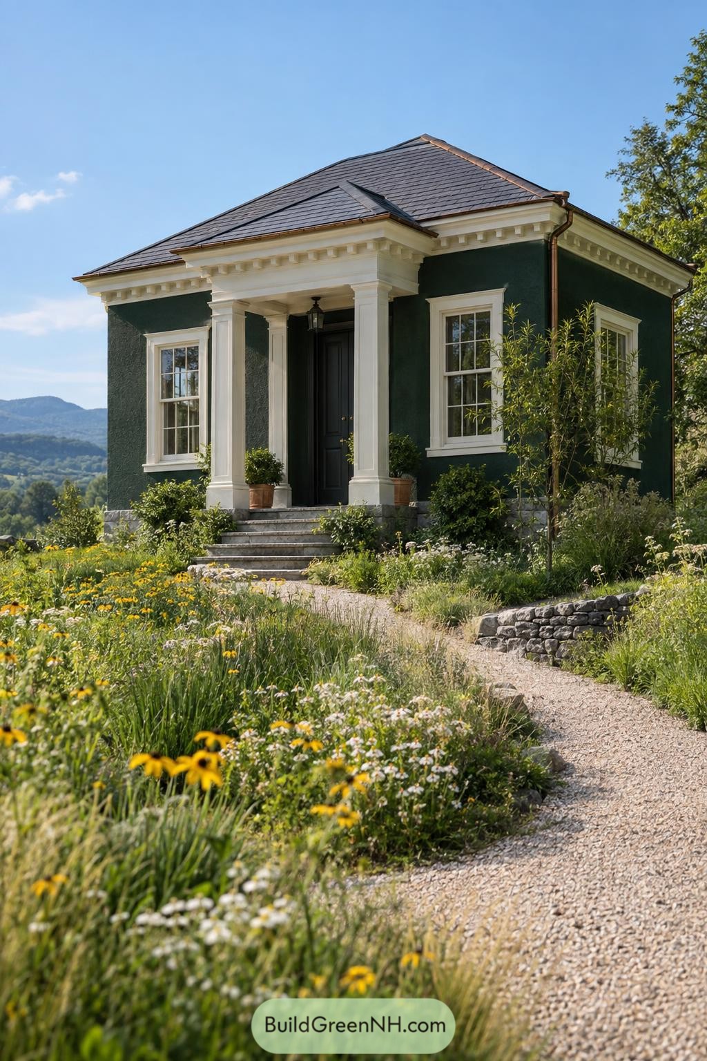 Dark green classical cottage with white portico amid wildflowers