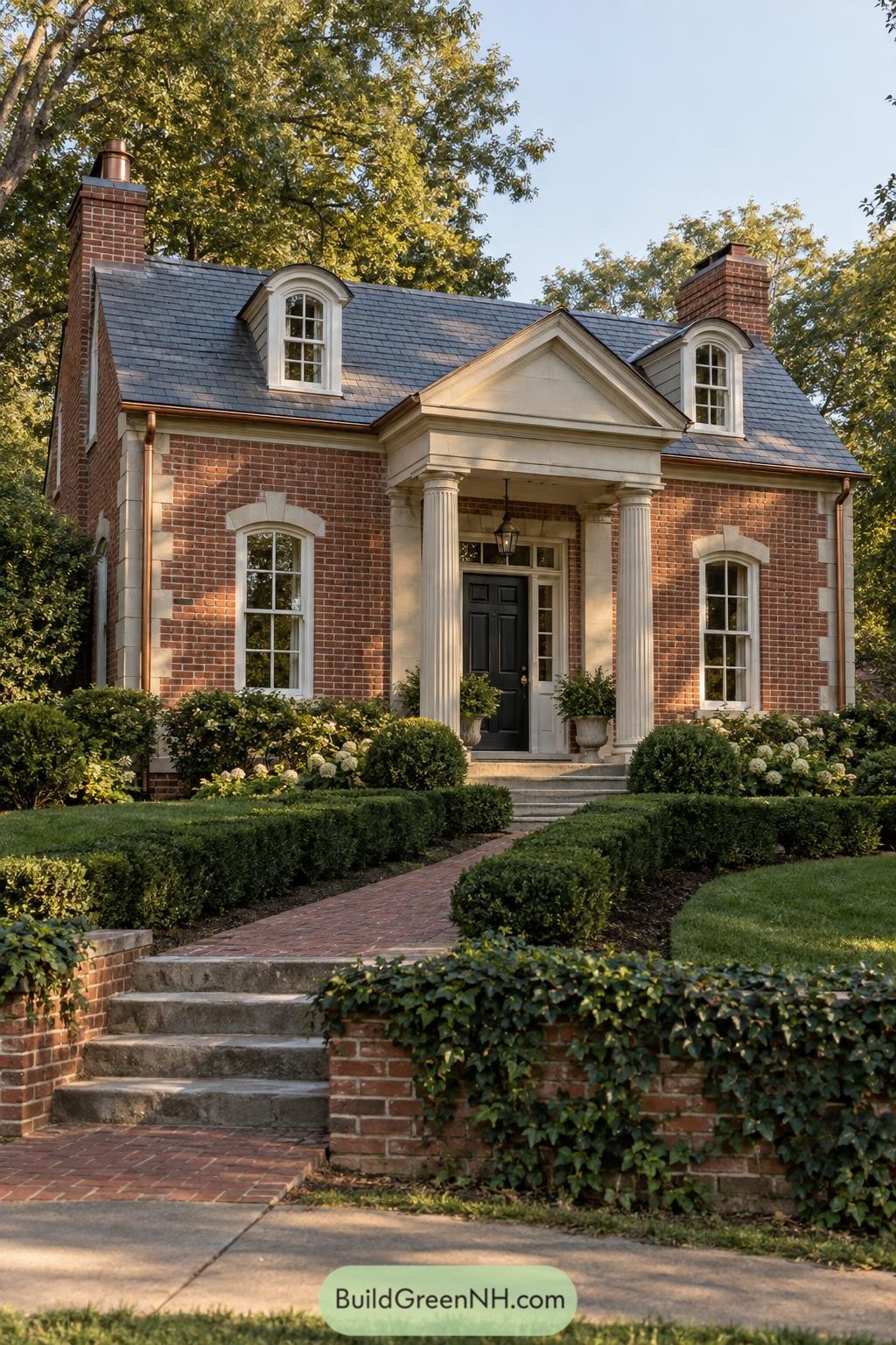 Red brick Georgian cottage with columned entry porch and dormers