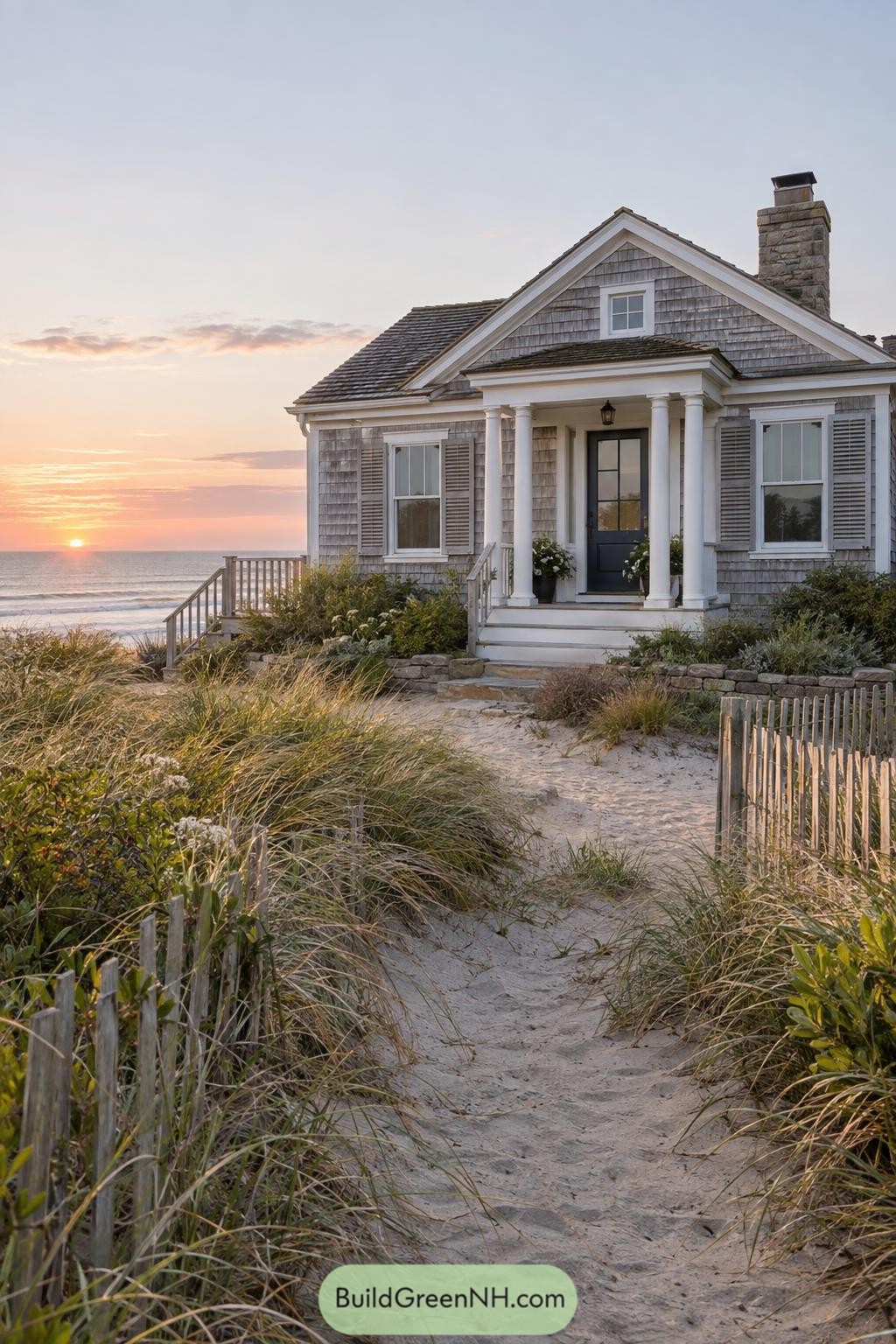 Shingled coastal cottage with columned porch at sunset