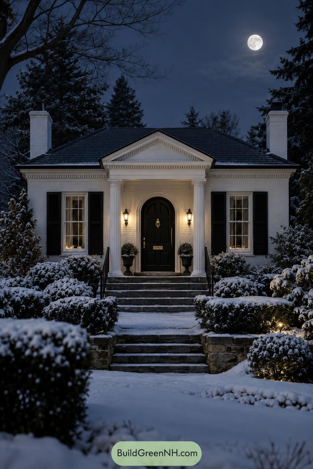 Snowy white brick house with fluted columns and black shutters
