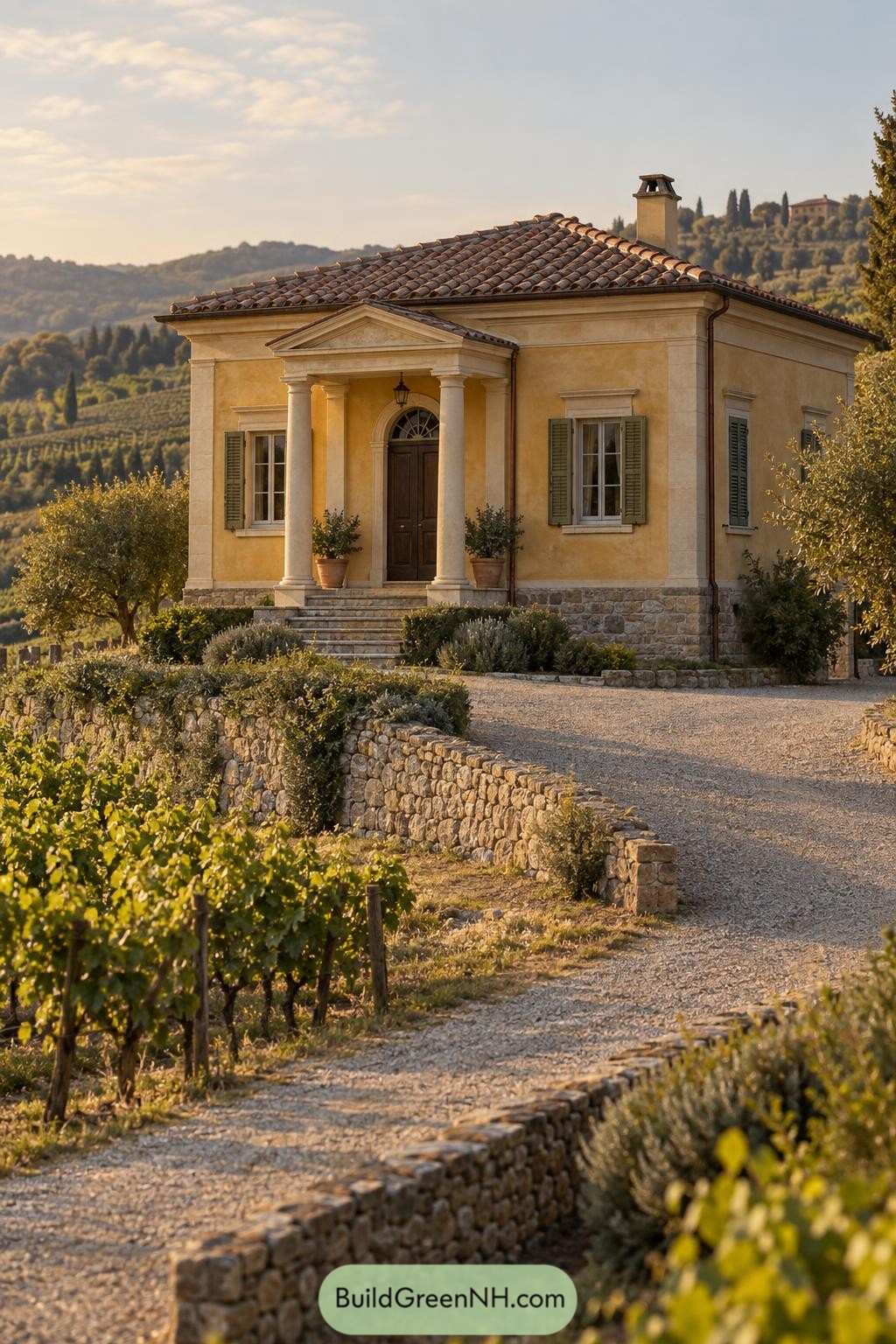 Compact ochre farmhouse with a columned porch among vineyards
