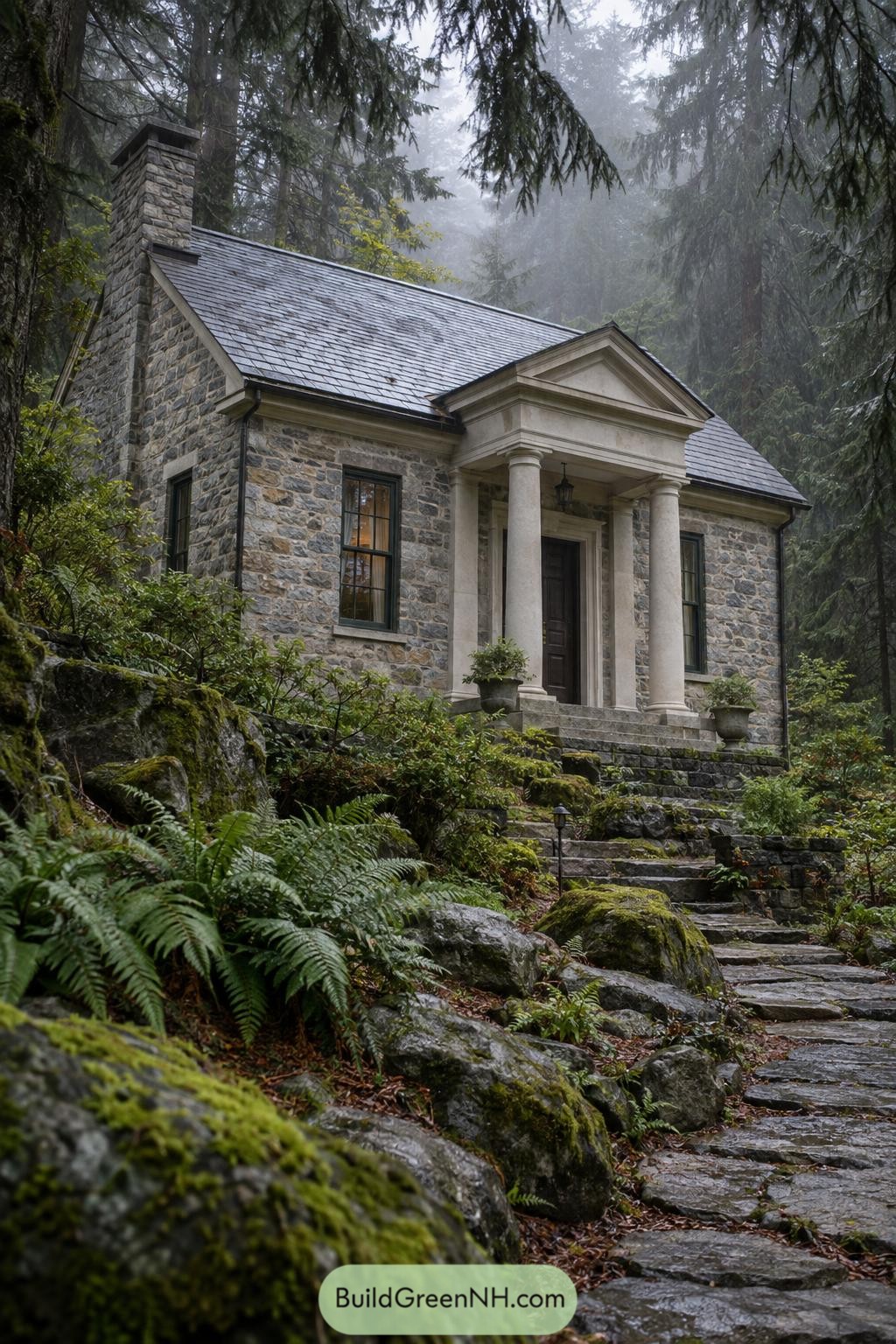 Stone cottage with a classical columned porch in a misty forest