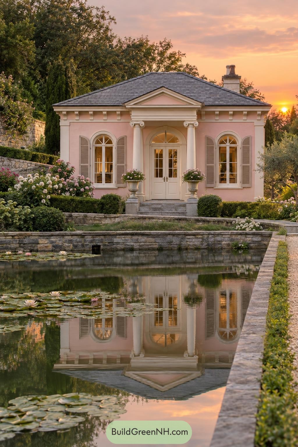 Pink Palladian cottage with a lily pond at sunset