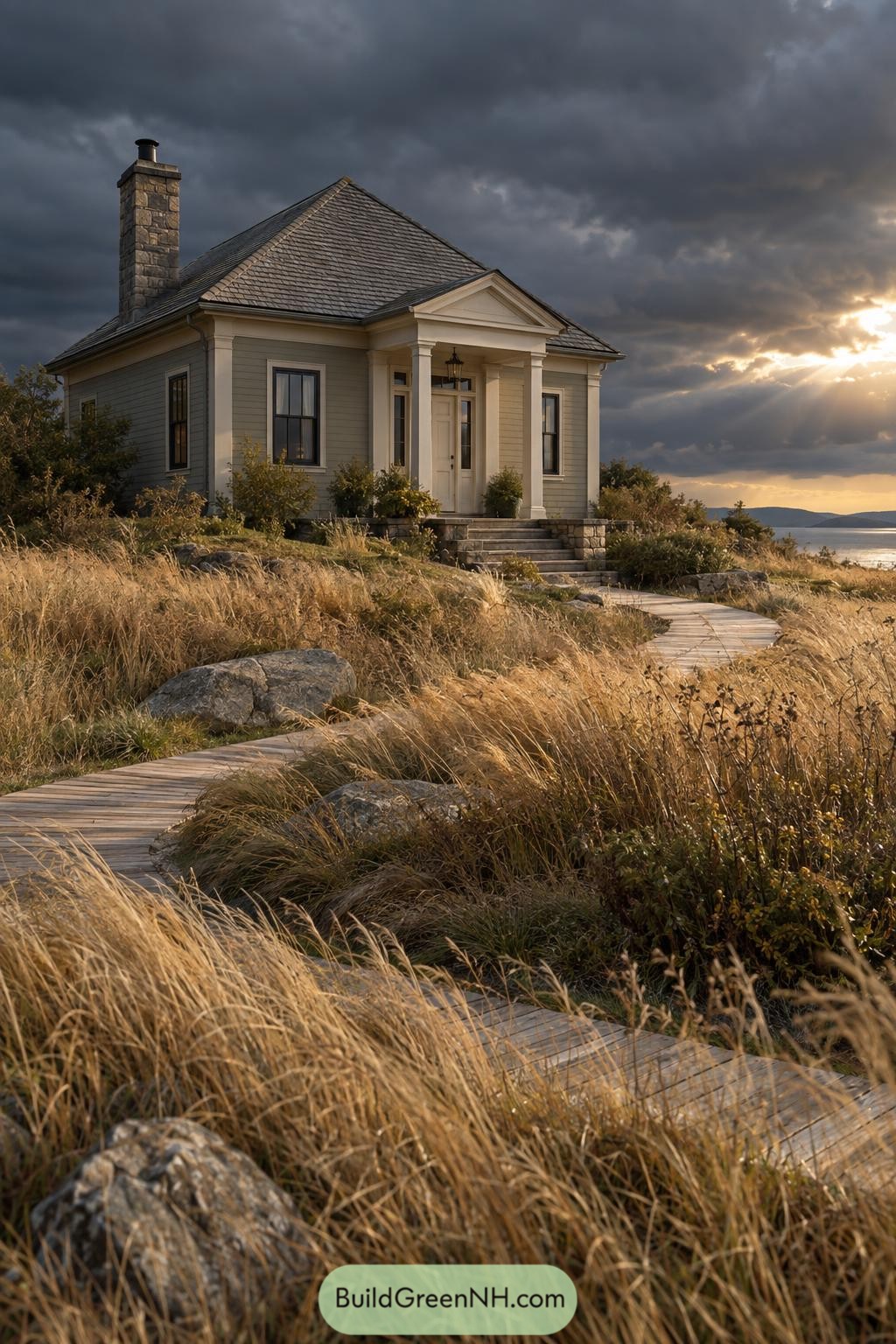 Classic cottage with columned porch above a coastal boardwalk