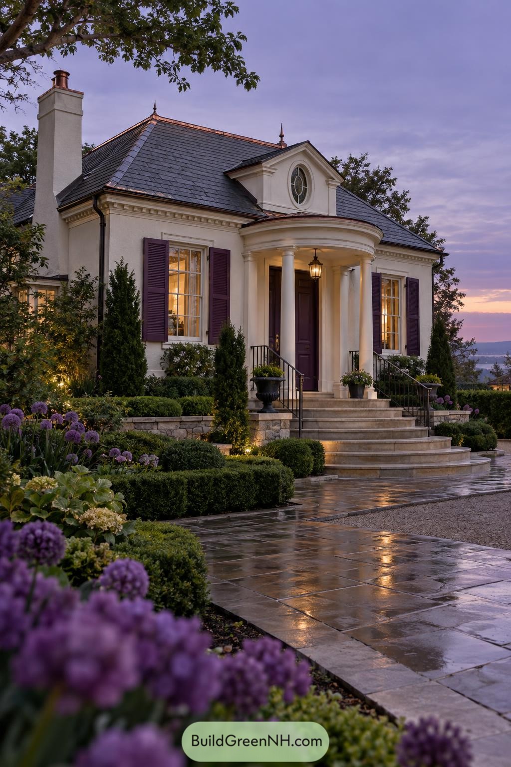 Classic cottage with curved columned porch and purple shutters at dusk