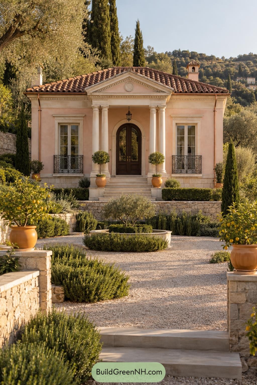 Peach stucco villa with columned portico and terracotta roof