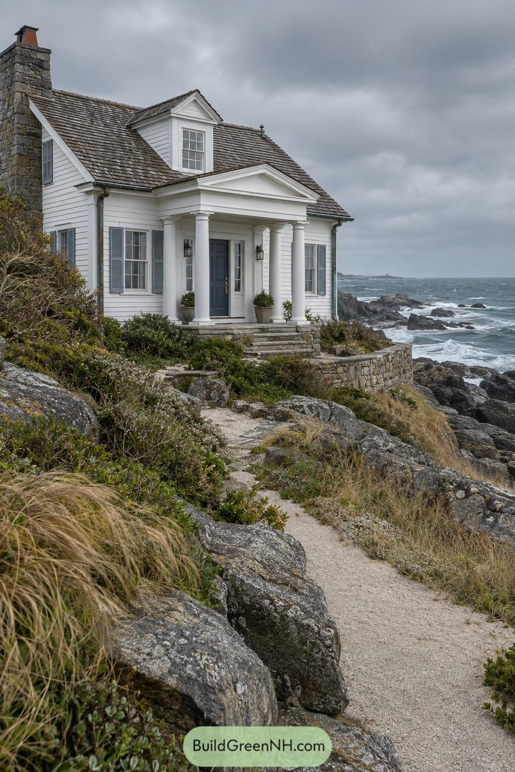 White clapboard colonial cottage with columned porch above rocky ocean shore