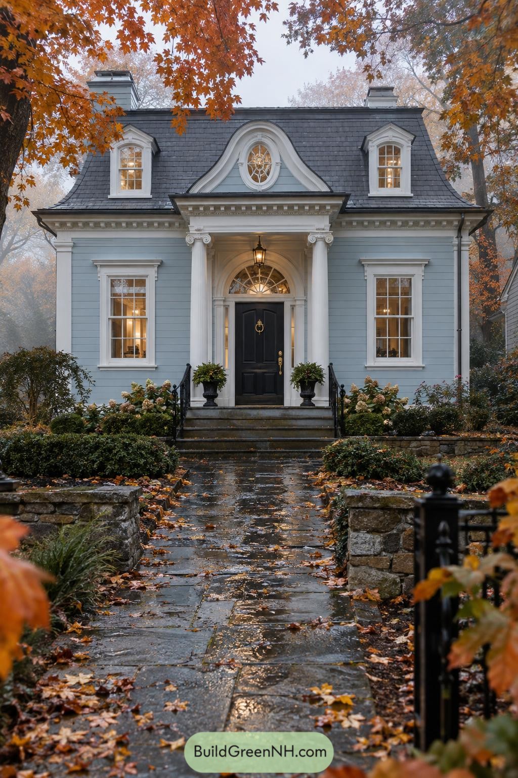 Pale blue Second Empire cottage with white portico and mansard roof