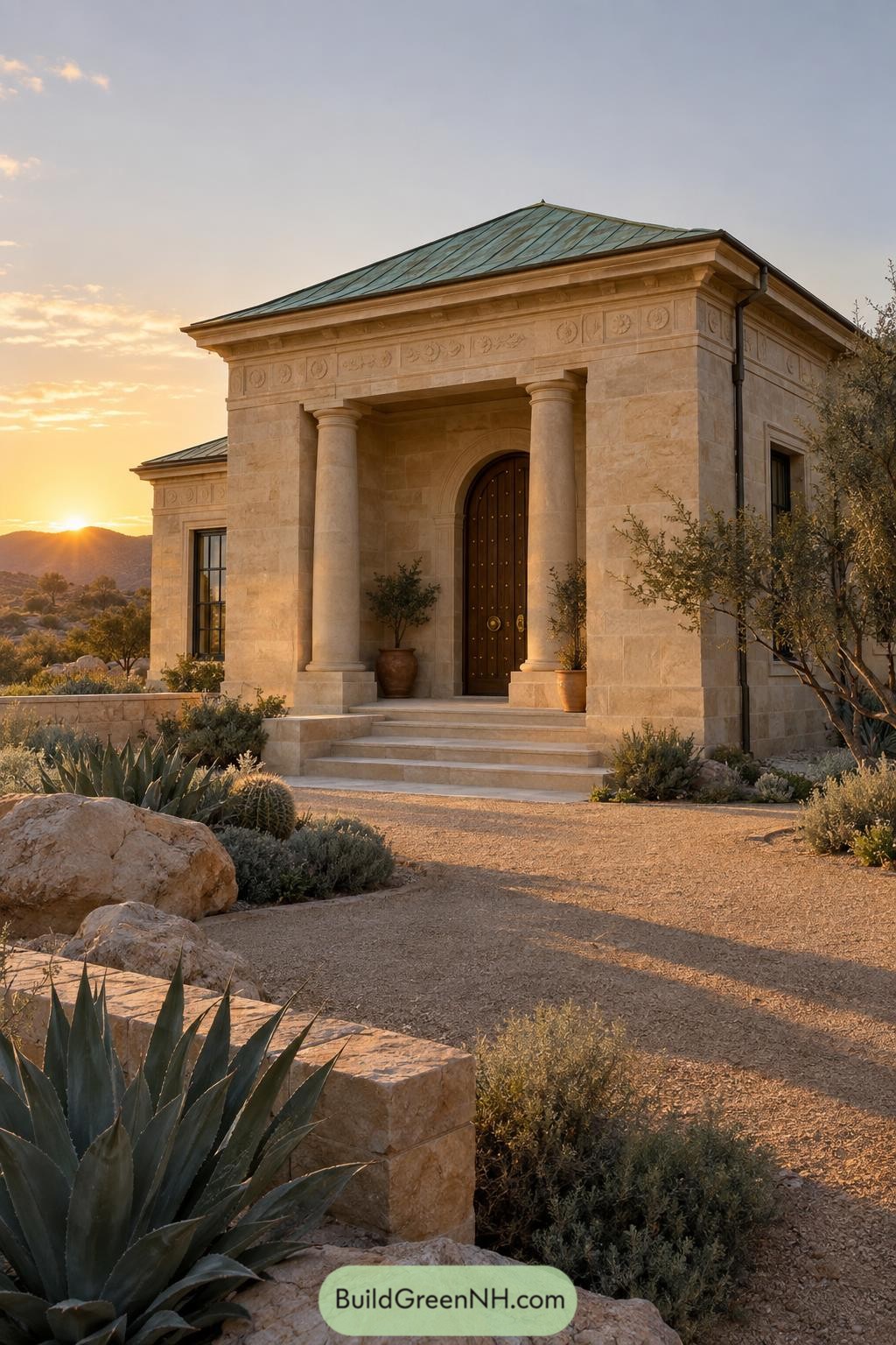 Classical limestone house with columned entry in a desert garden
