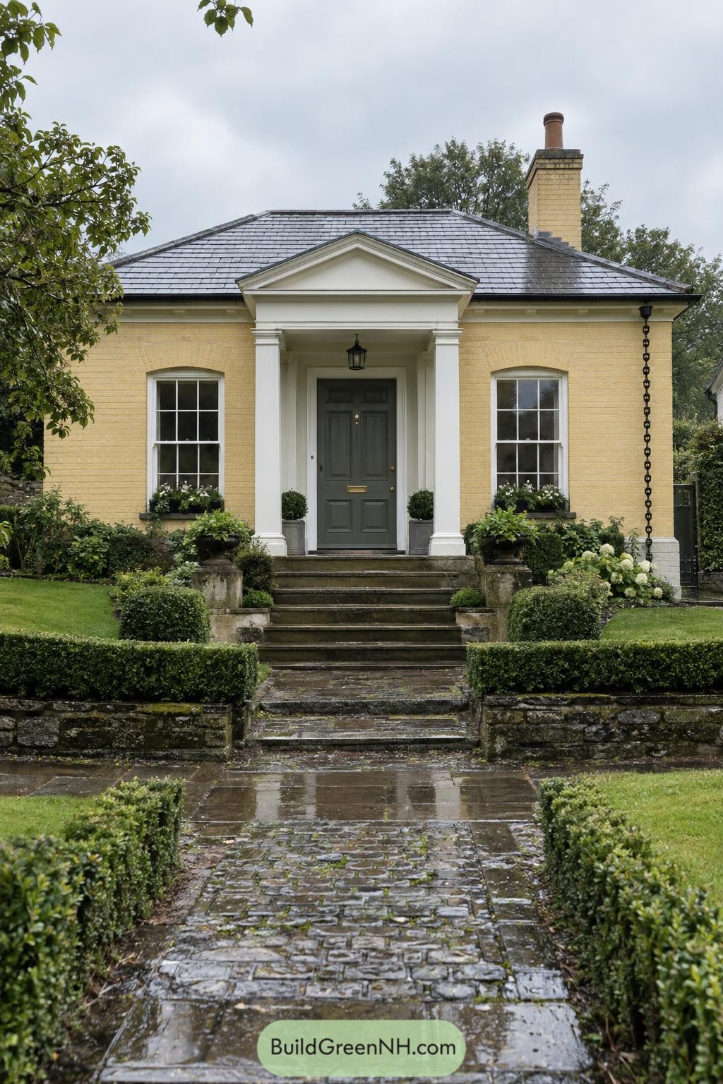 Yellow brick Regency cottage with white portico and formal hedged approach