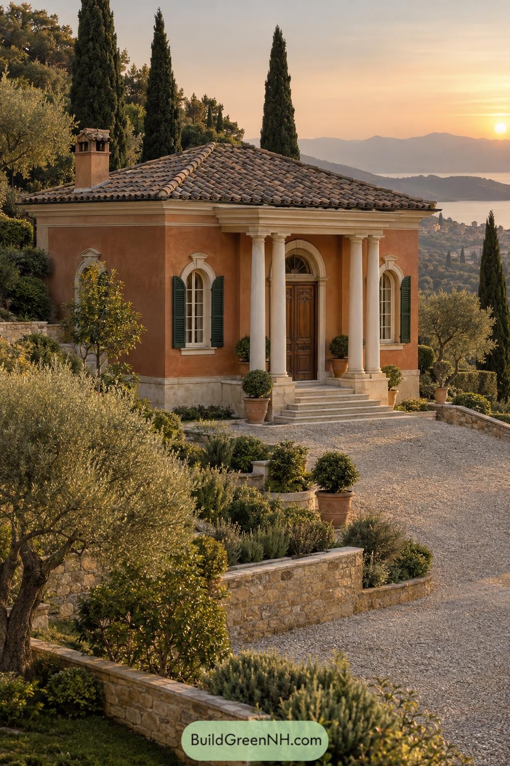 Terracotta villa with columned entry among olive trees