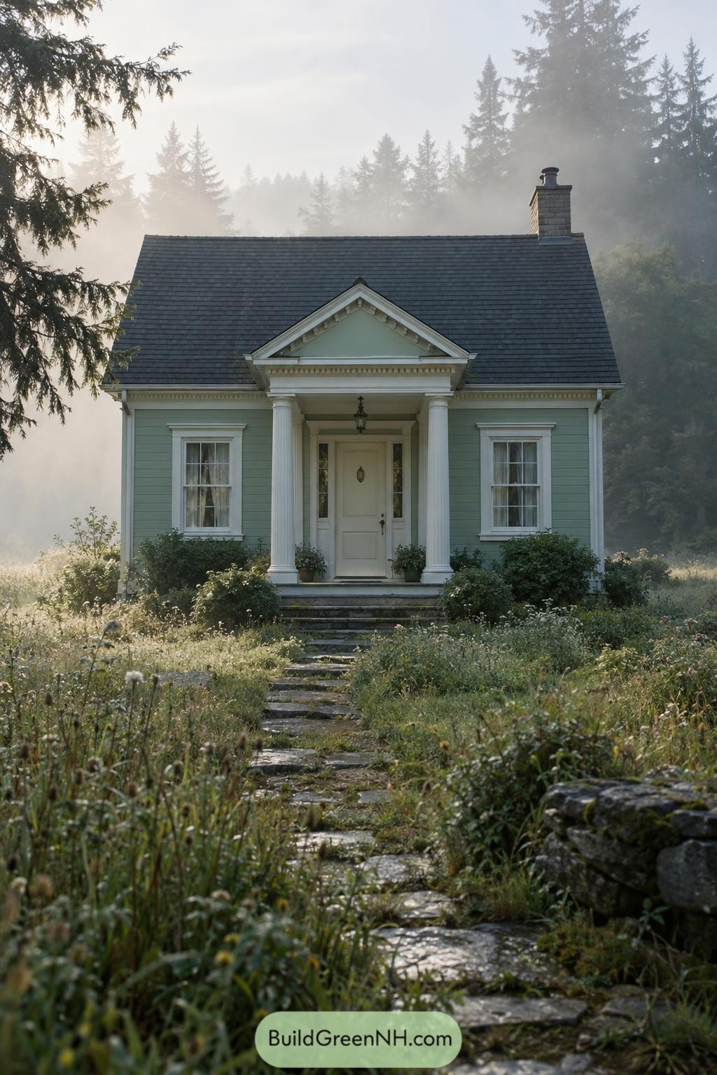 Sage green Greek Revival cottage with columned porch