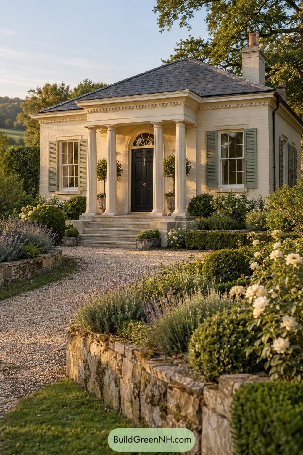 Compact classical cottage with columned entry and lush garden path