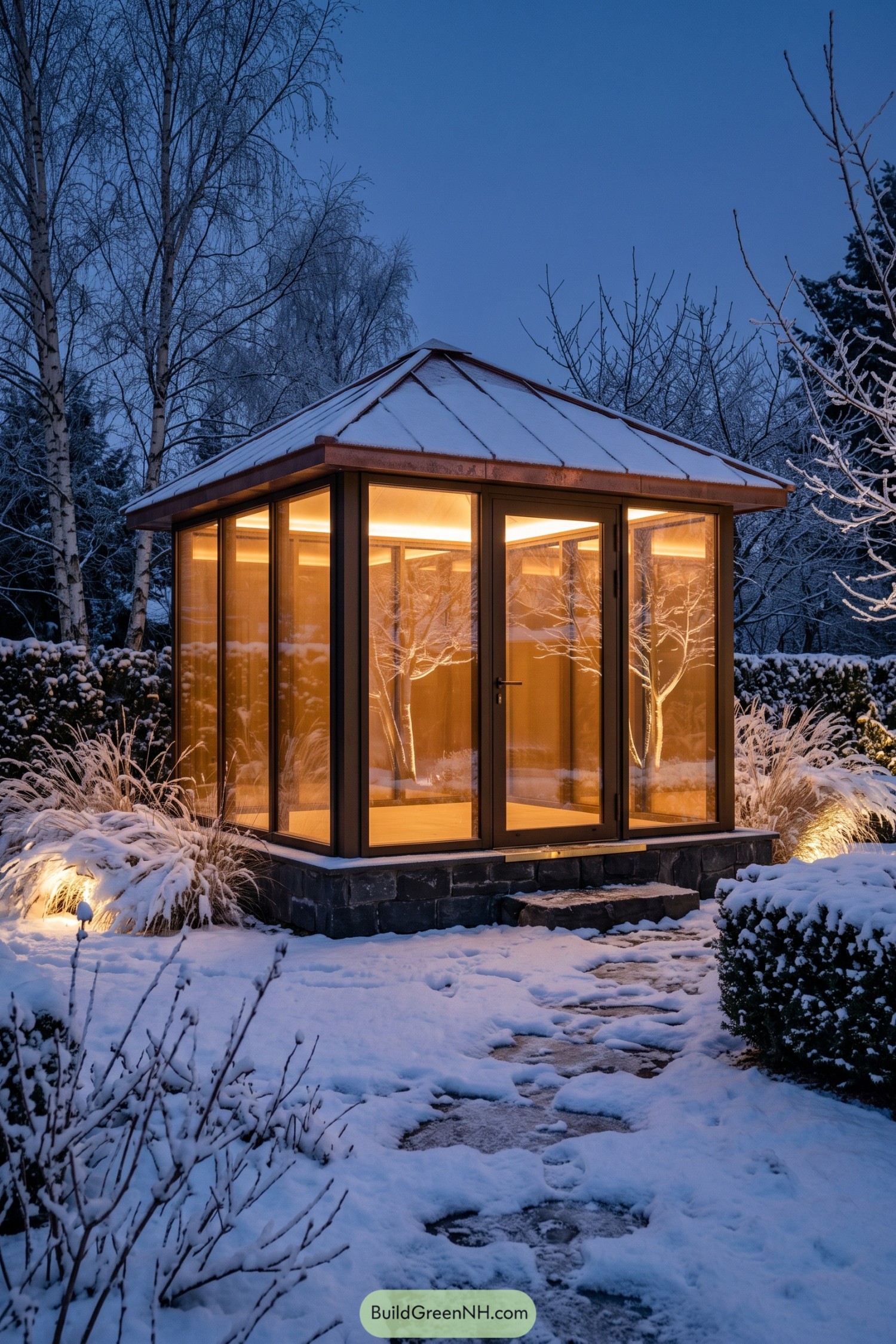 Glass garden pavilion glowing warmly beneath a snow-covered roof