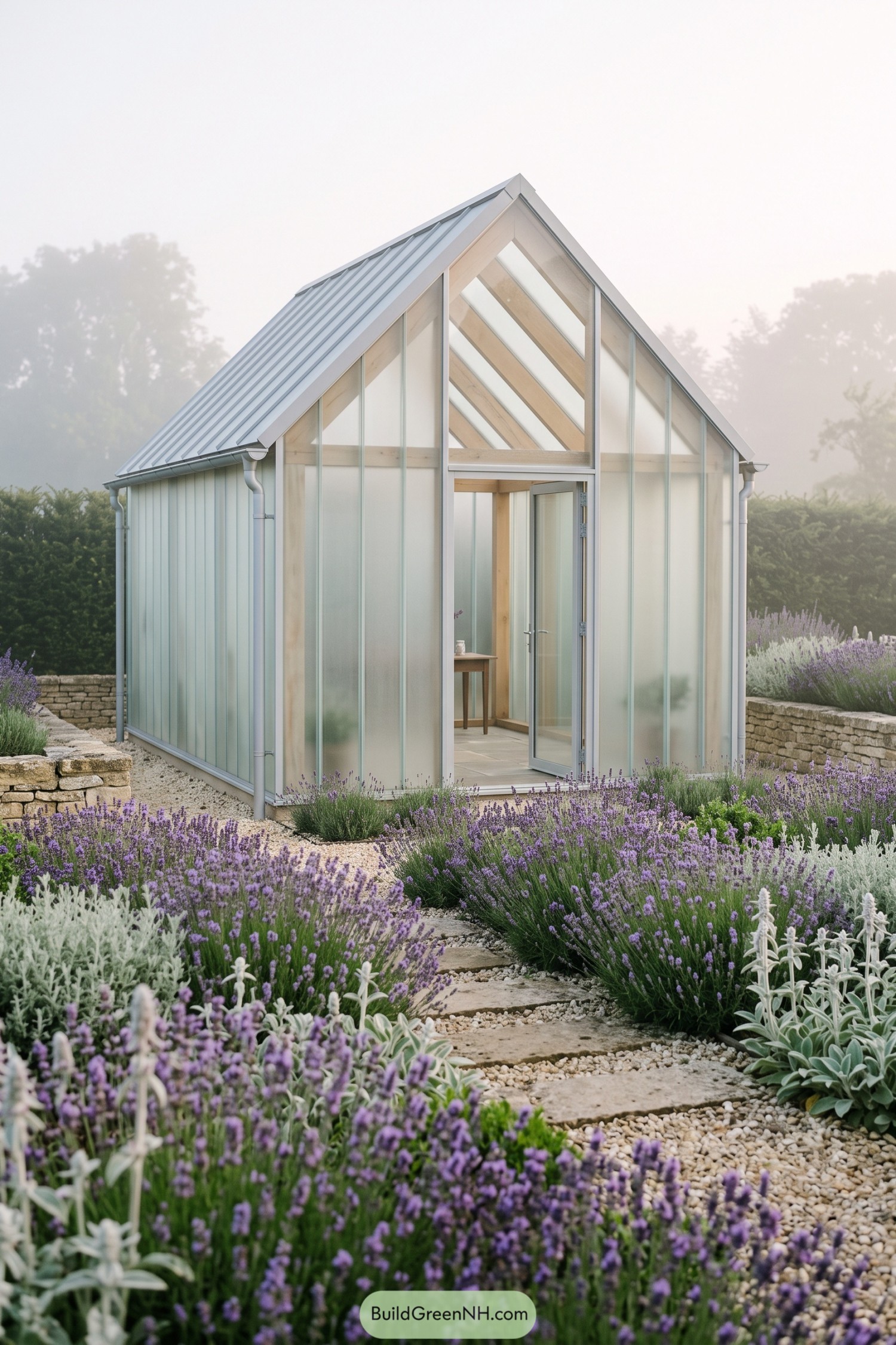 Compact glass garden house with a steep roof among lavender beds