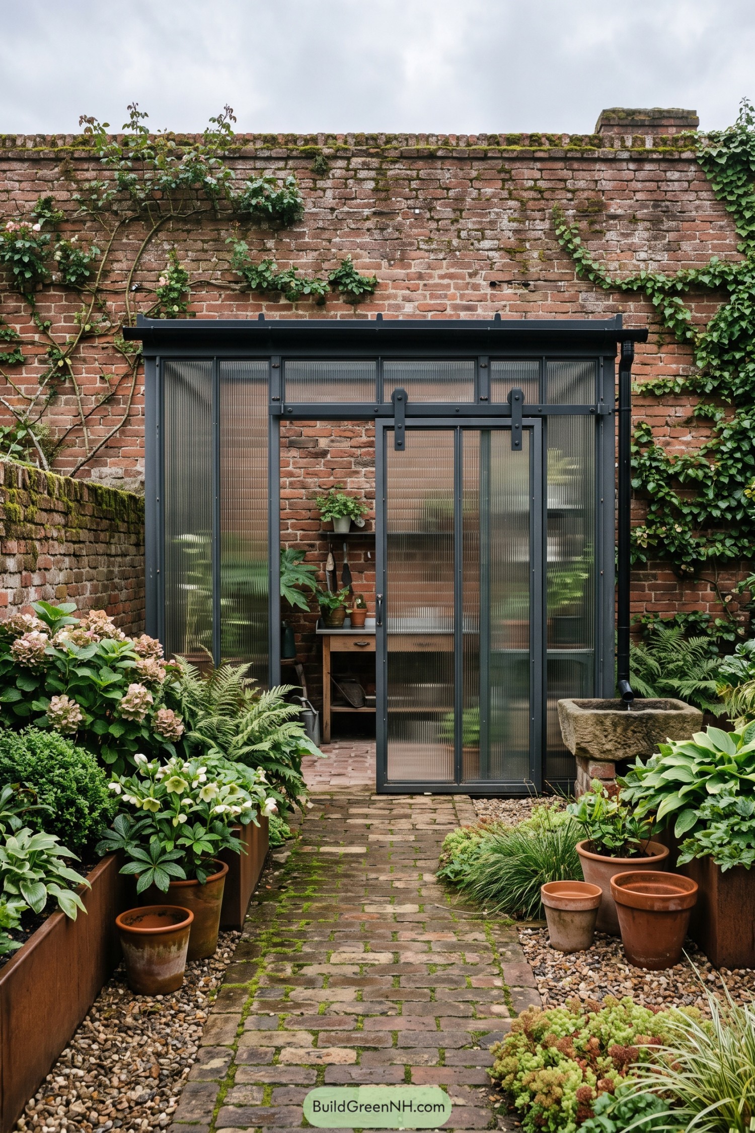 Dark-framed glazed potting room in a brick garden courtyard