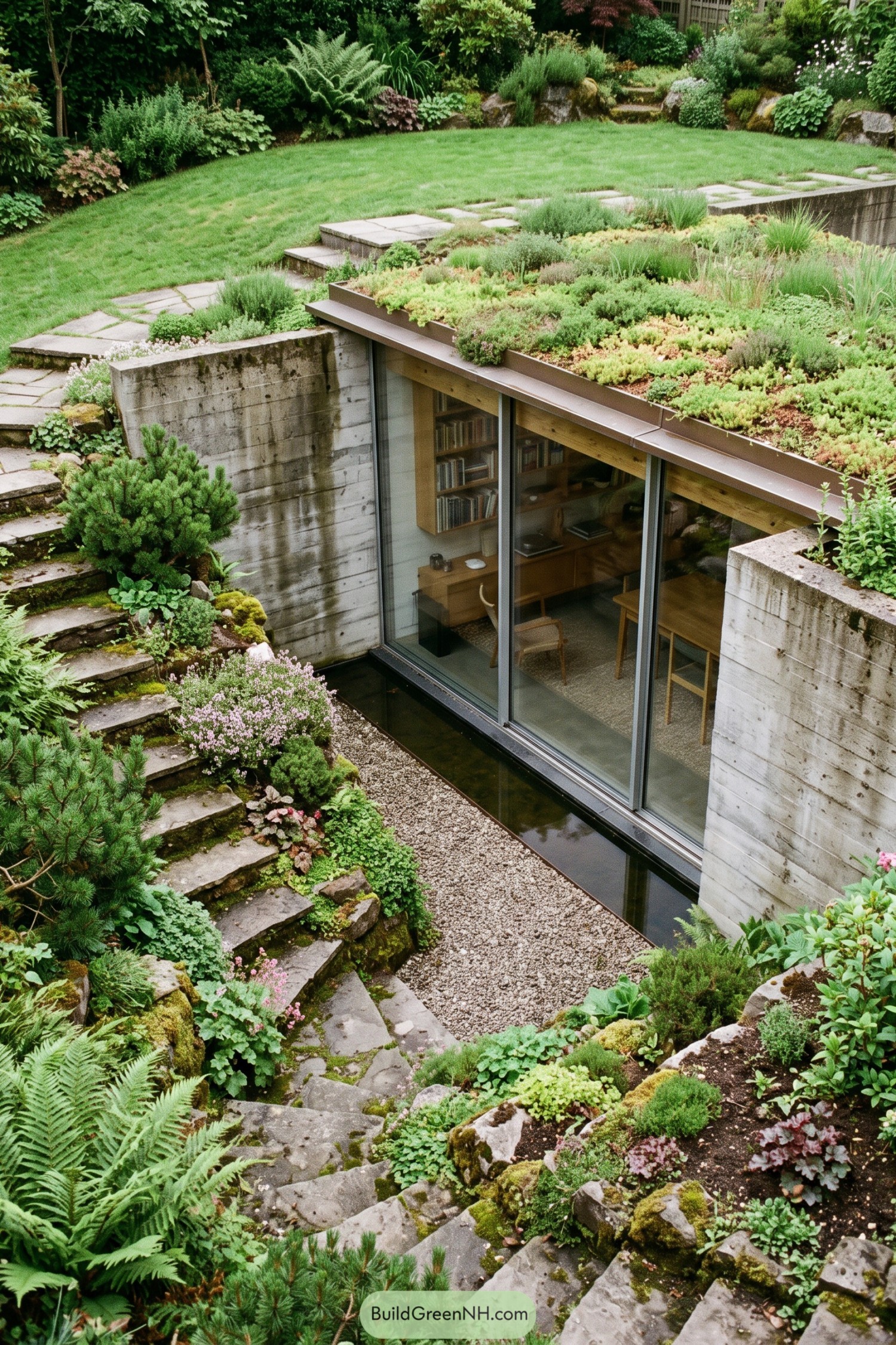 Sunken glass studio beneath a planted roof
