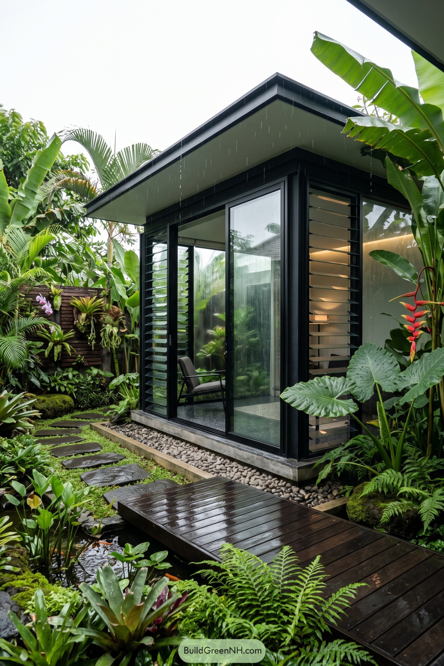 Black framed glass pod with louvers beside a tropical pond garden