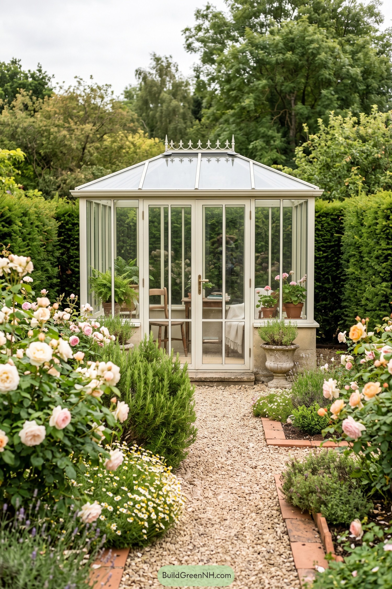 Cream framed glass conservatory among roses and herbs