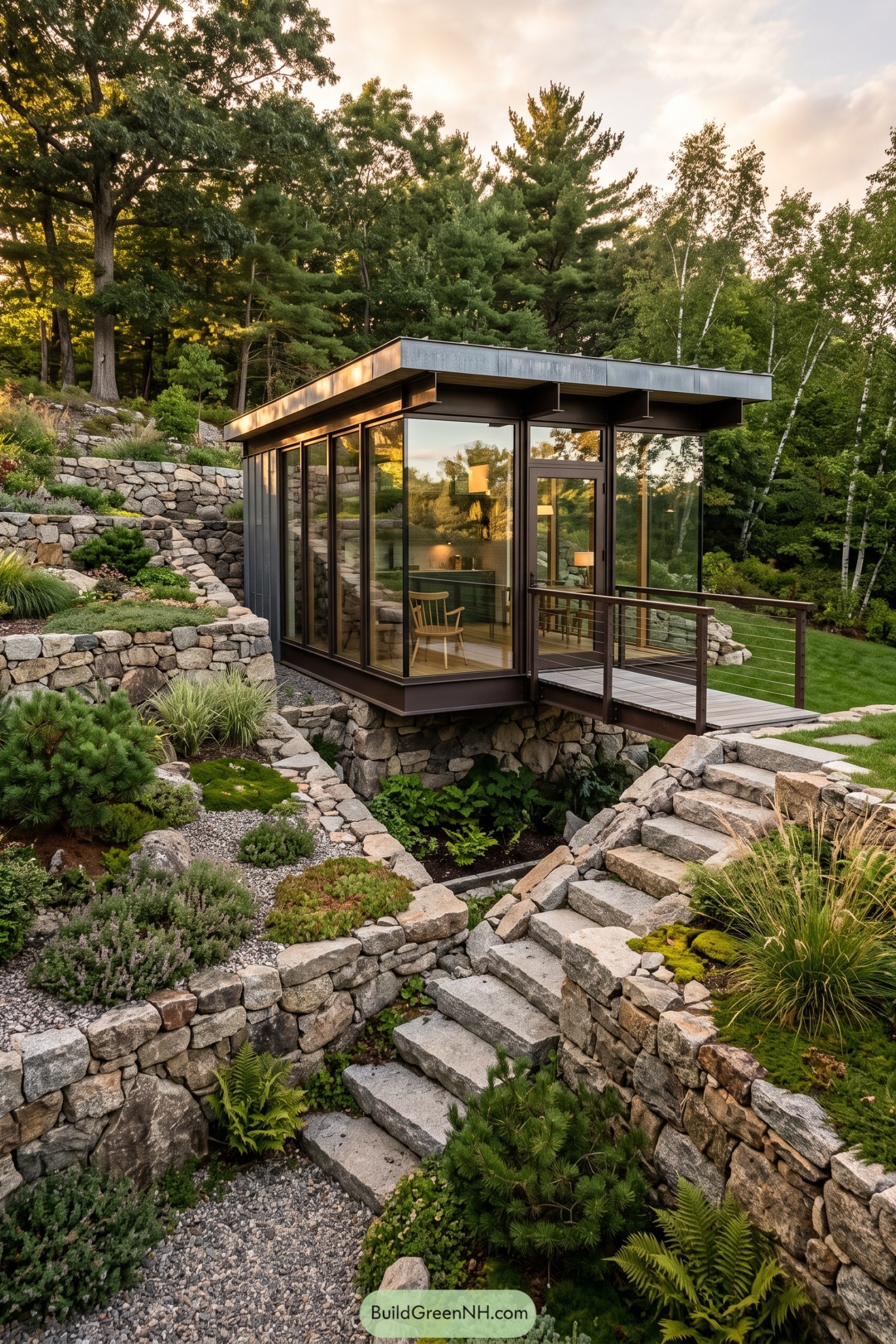 Compact glass pavilion perched among terraced stone gardens and trees