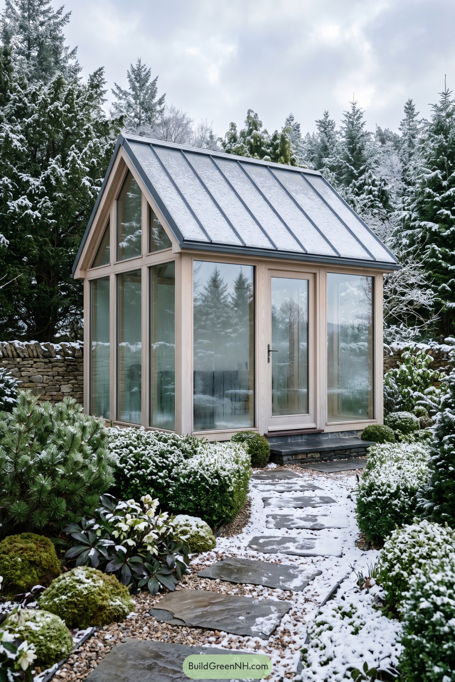 Compact glass cabin with a snow-covered gable roof among evergreens