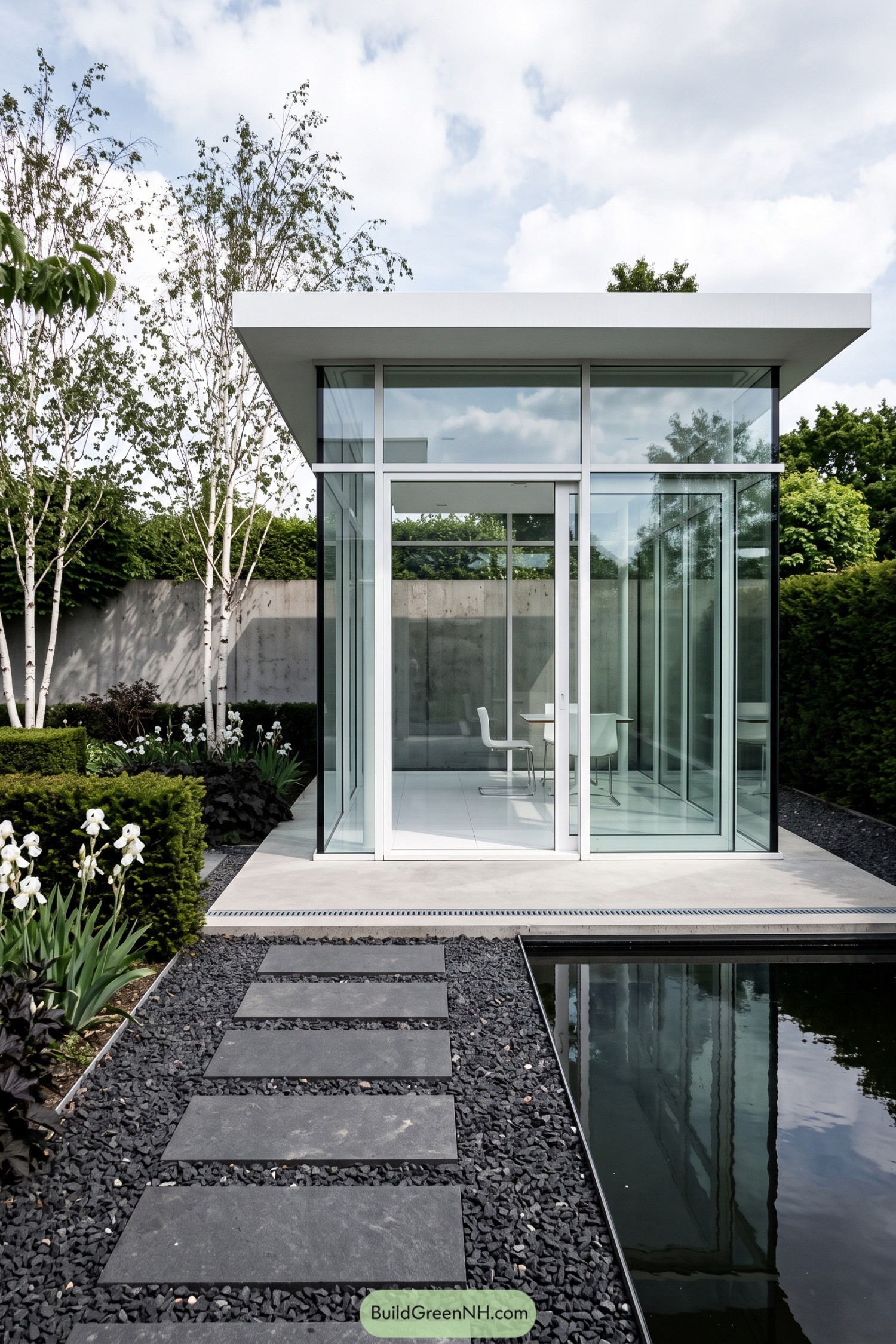 Glass garden pavilion beside a reflecting pool and birch trees