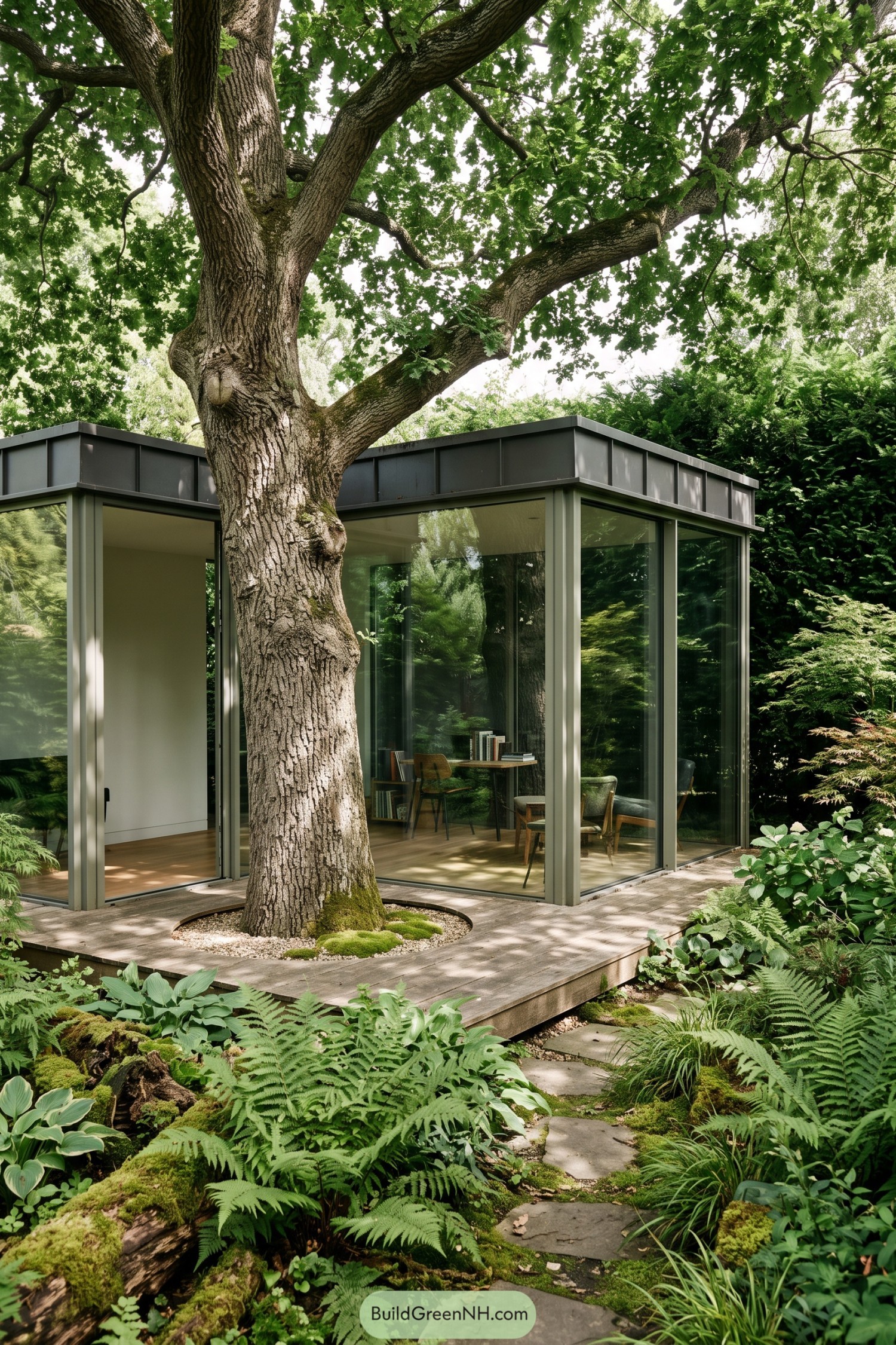 Compact glass study built around a mature oak tree in a lush garden