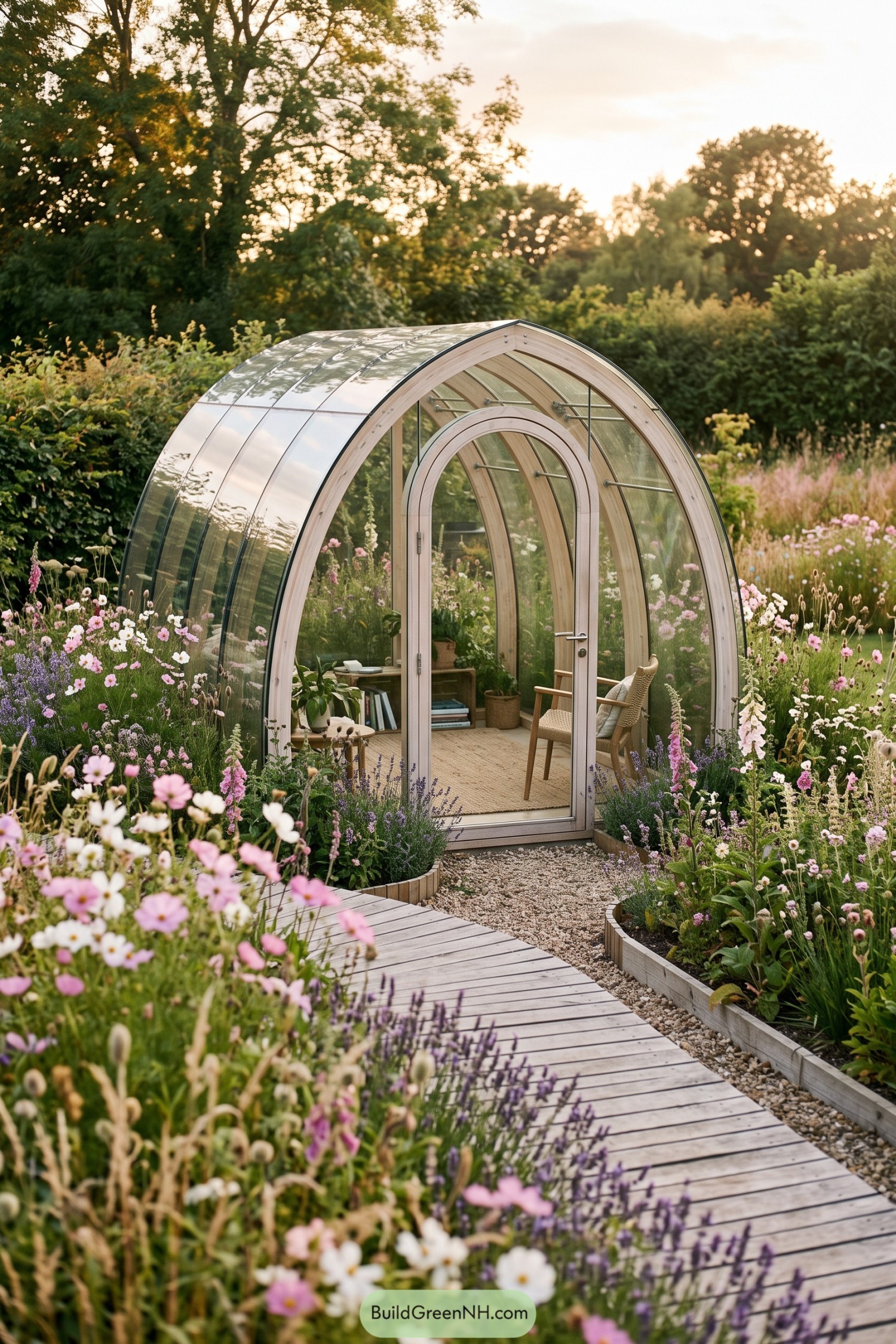 Arched glass garden room among wildflowers