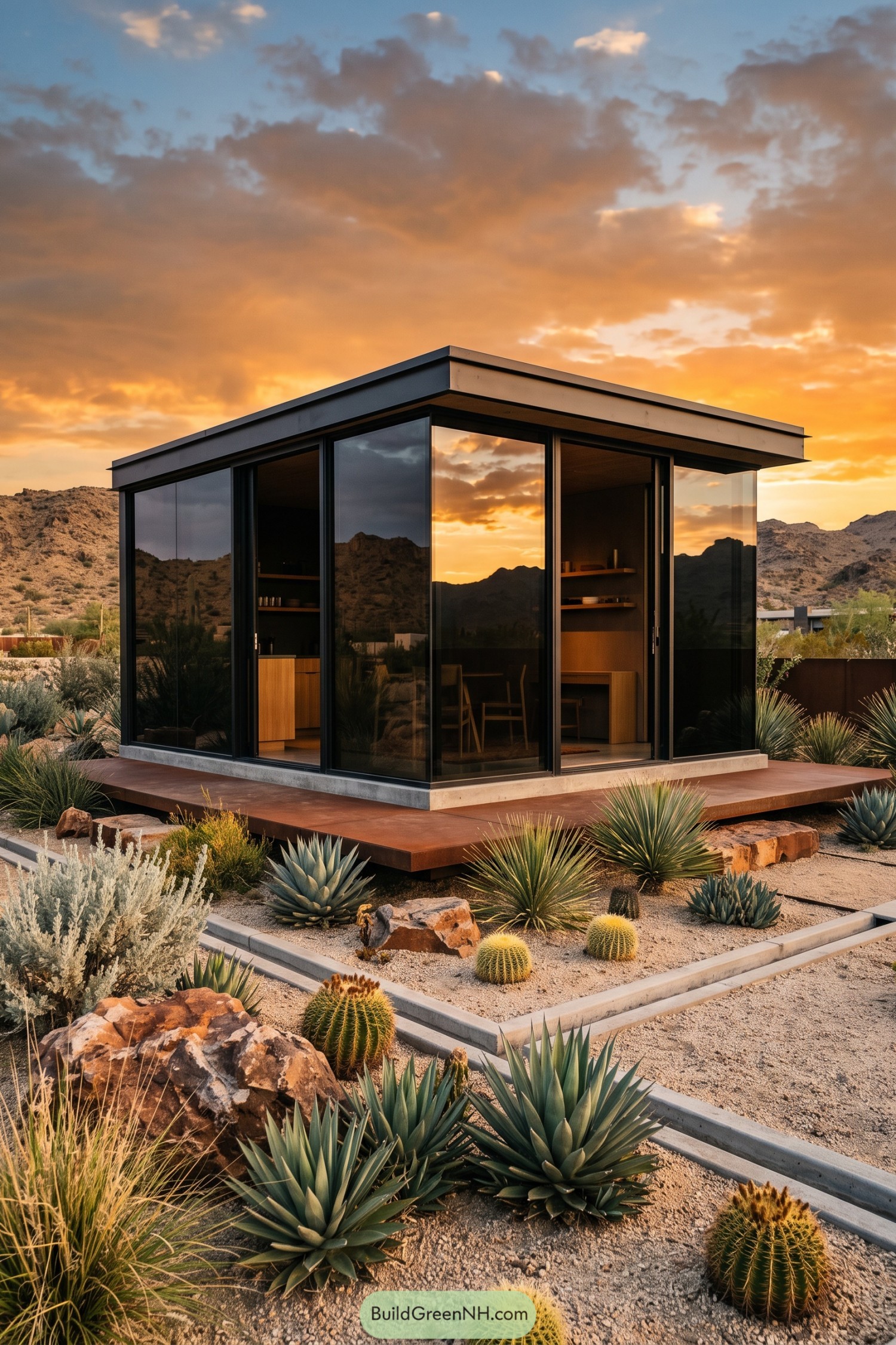 Compact glass studio with desert landscaping at sunset
