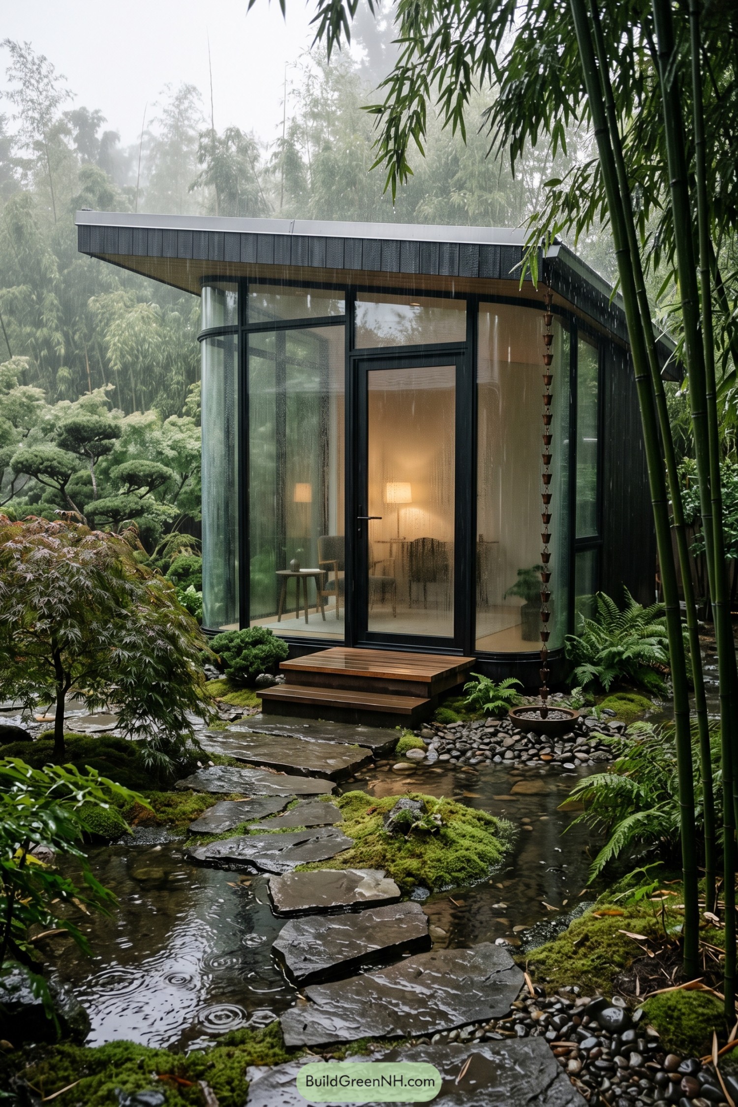 Curved glass retreat beside a bamboo stream in rain