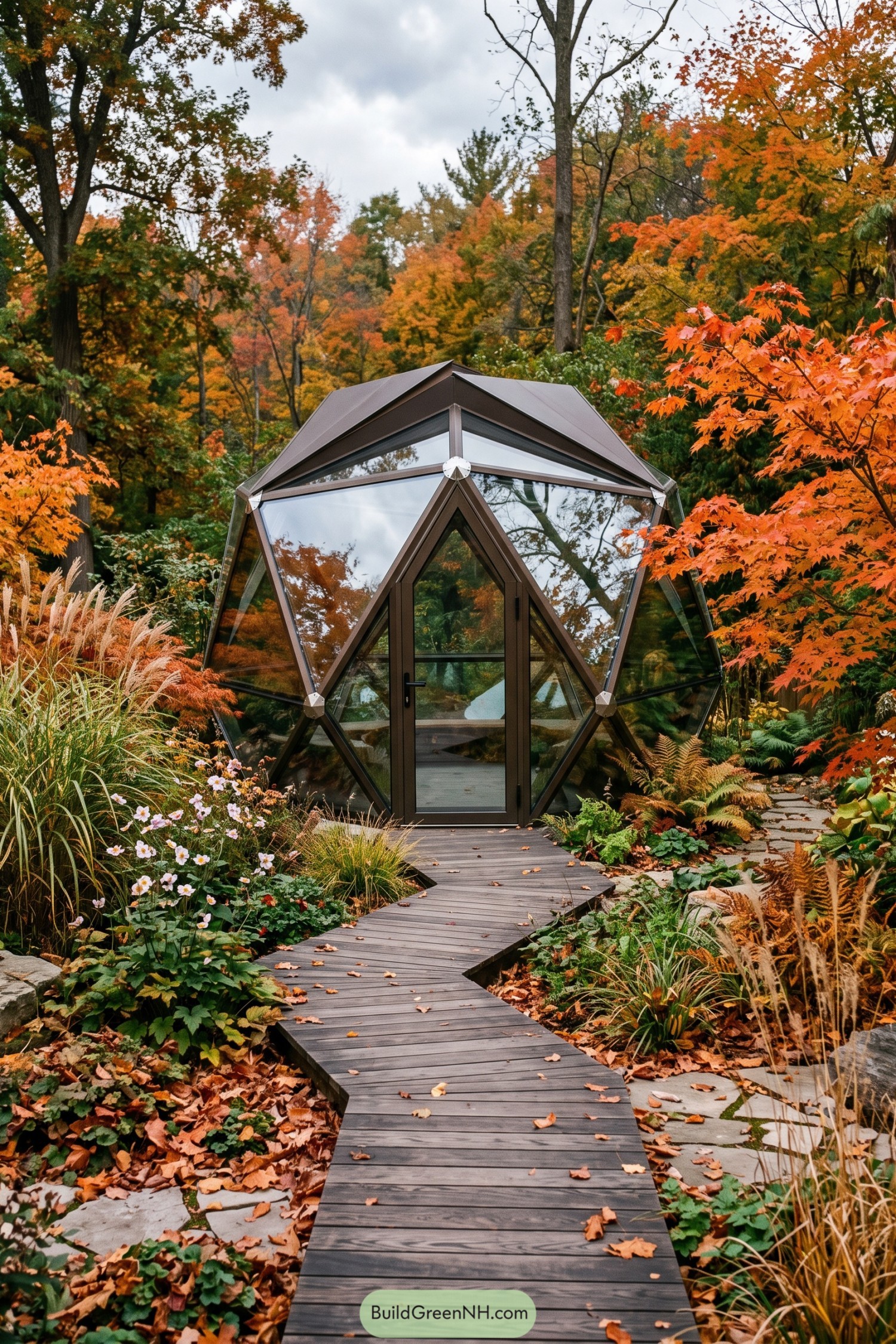 Geometric glass pavilion amid autumn foliage