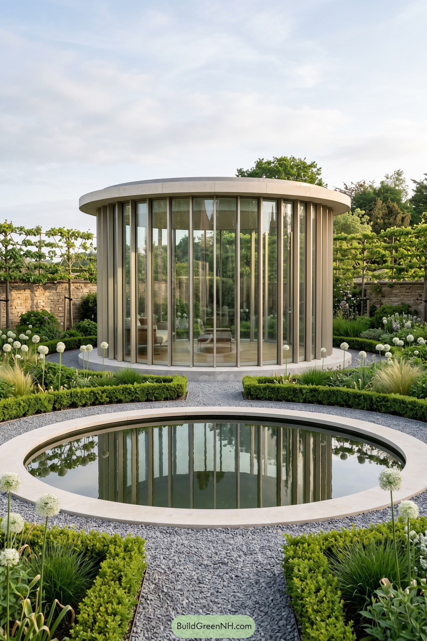 Circular glass pavilion beside a formal reflecting pool