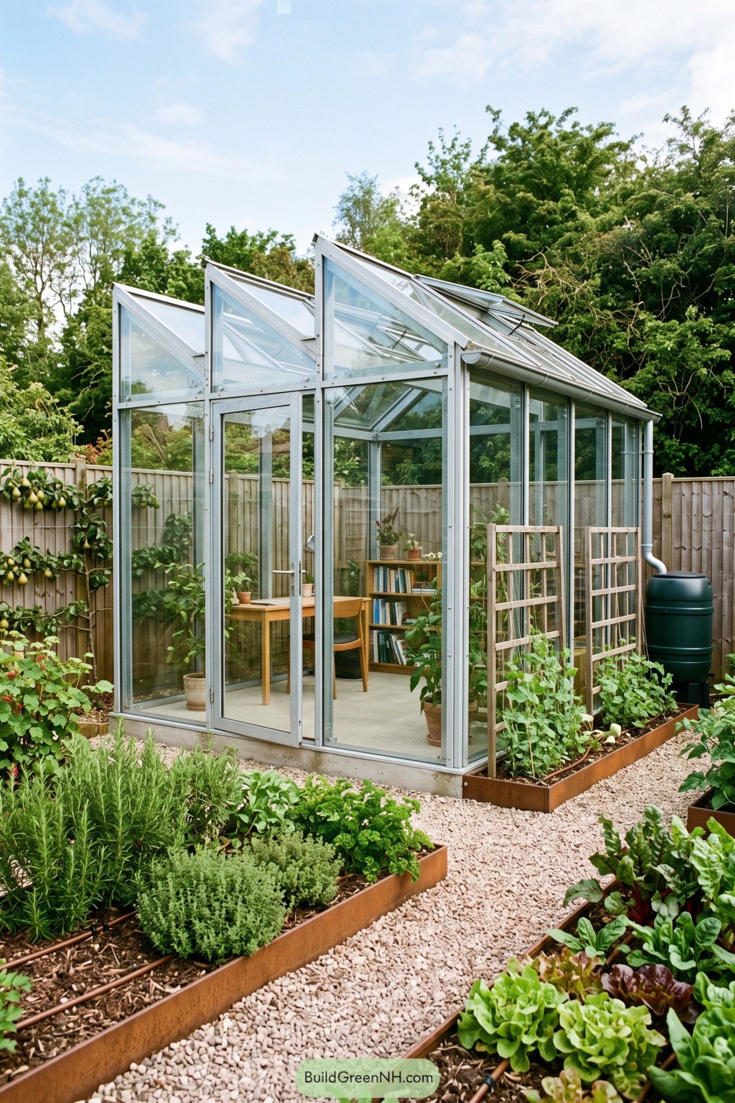 Compact glass conservatory beside raised vegetable beds