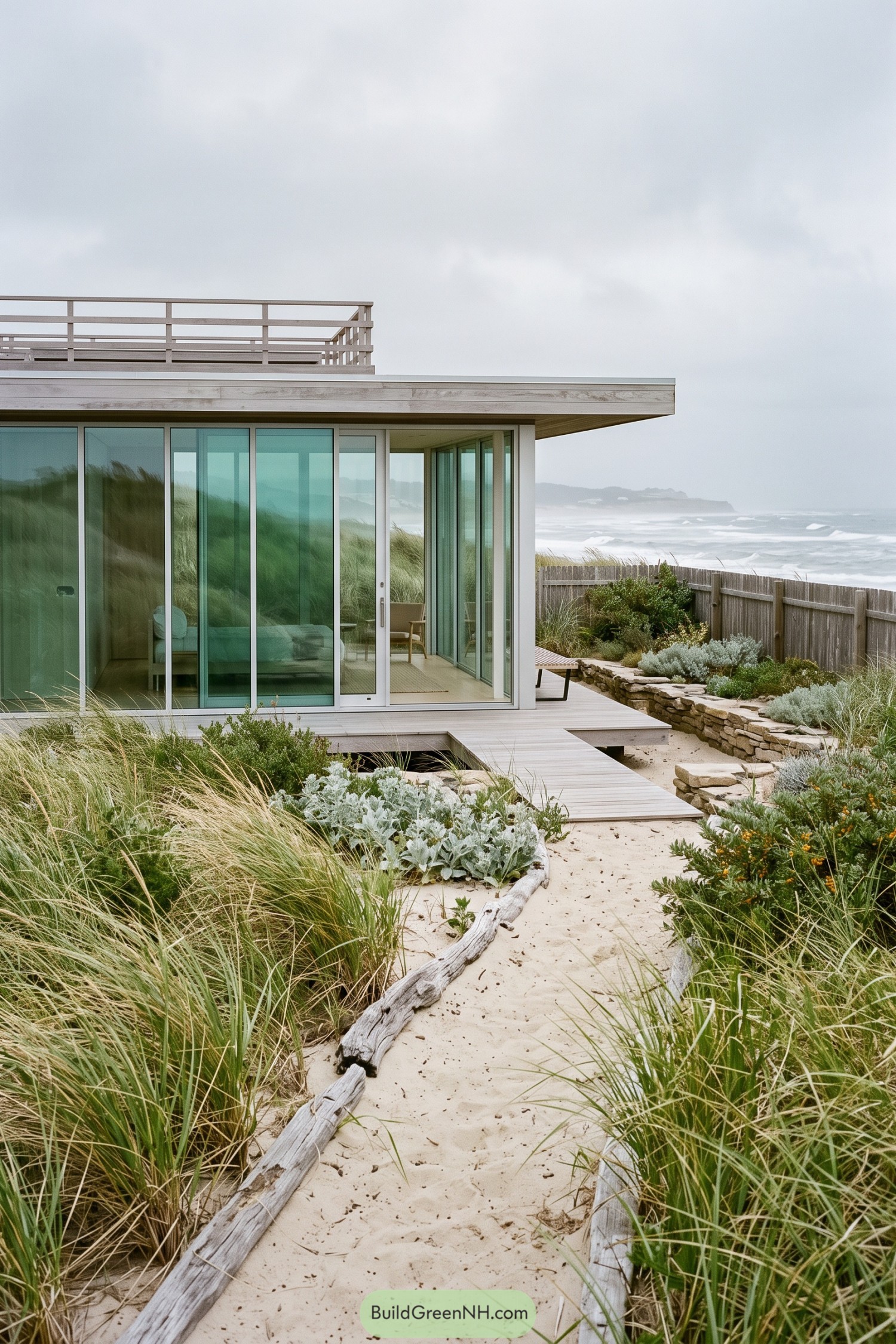 Glass-walled coastal retreat beside dune grasses and surf
