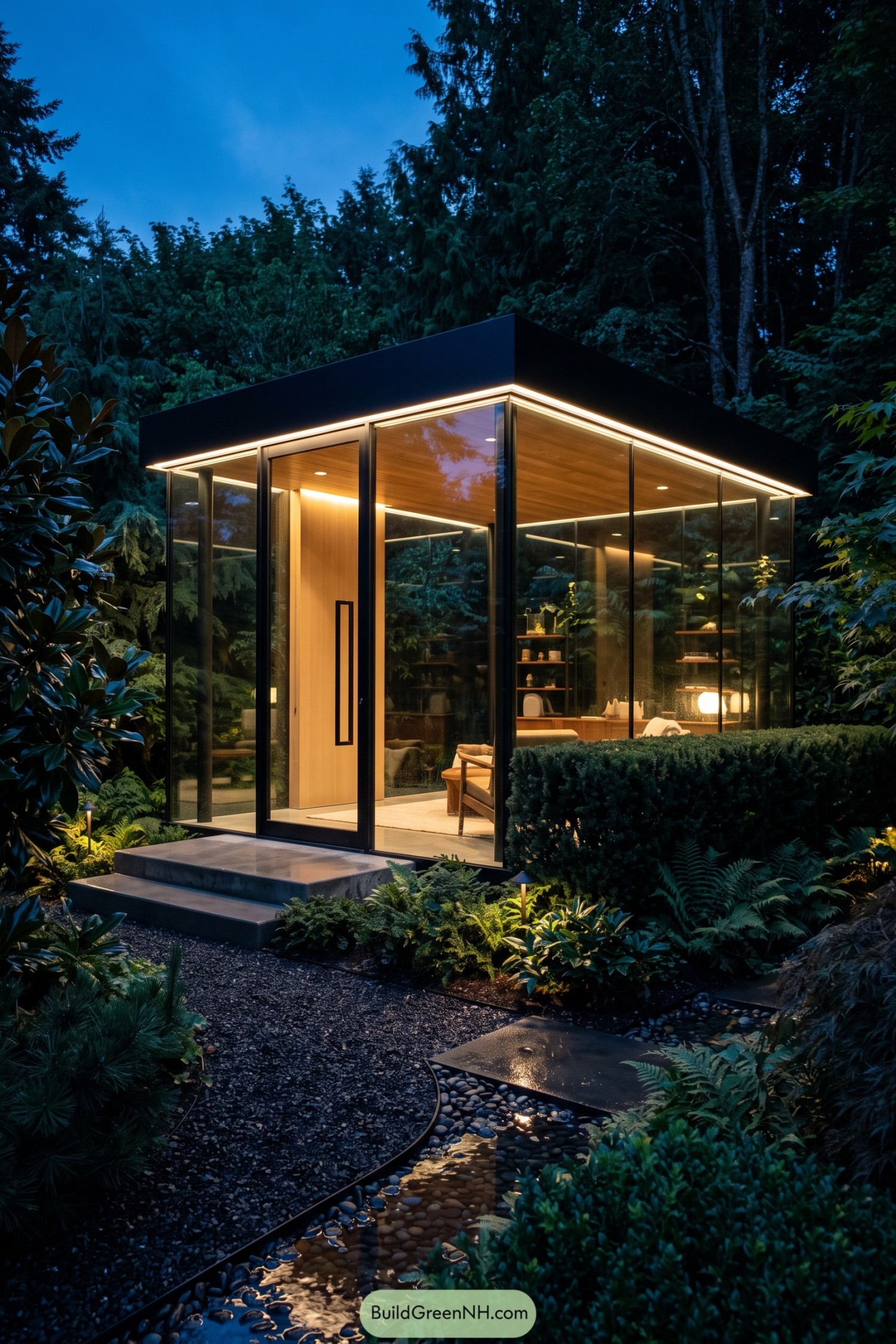 Compact glass pavilion glowing within a lush forest garden at dusk