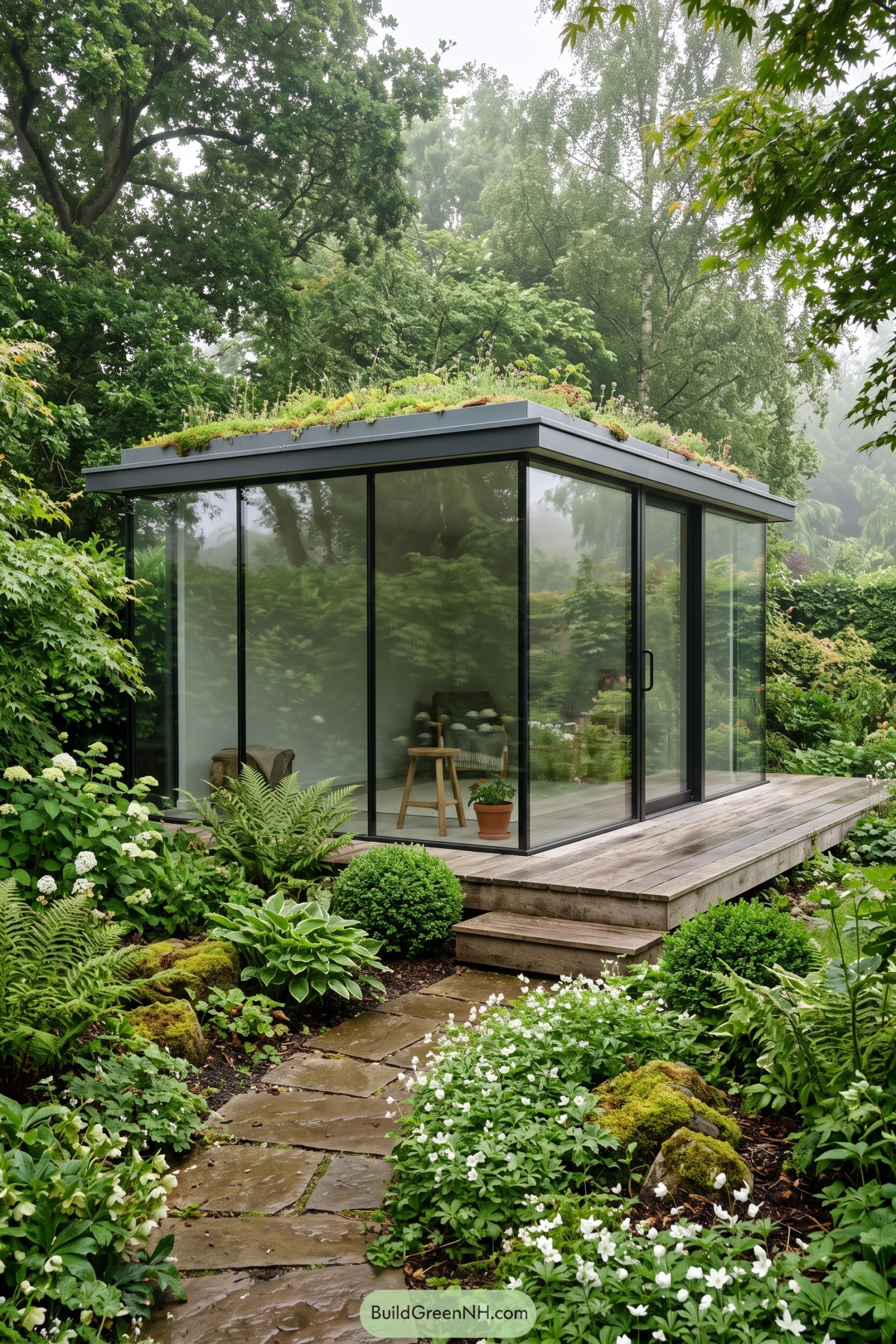 Compact glass pavilion with a planted roof in a lush garden