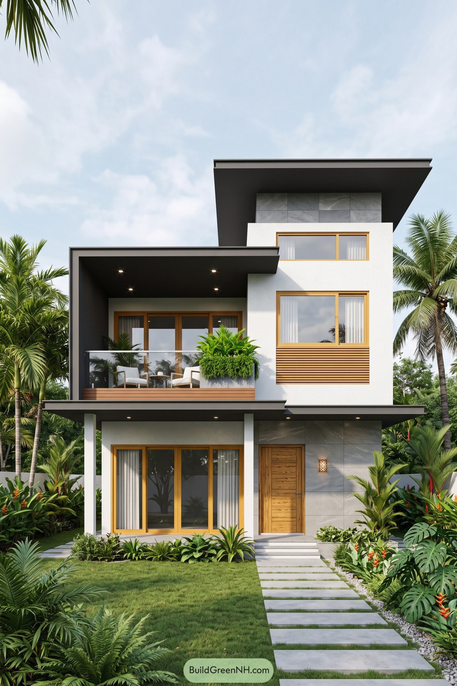 Modern tropical house with deep overhangs and timber windows