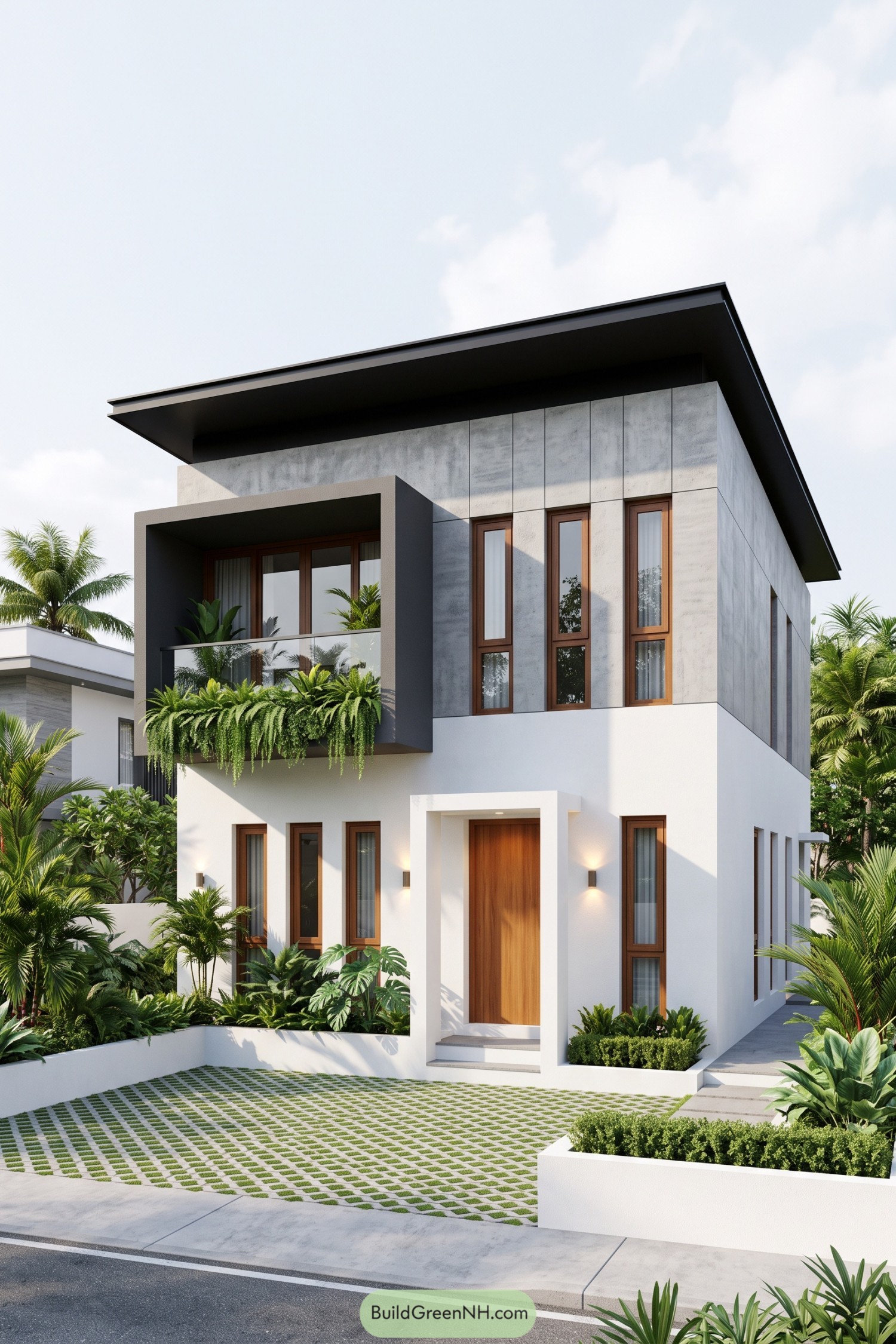 Modern two story home with balcony greenery
