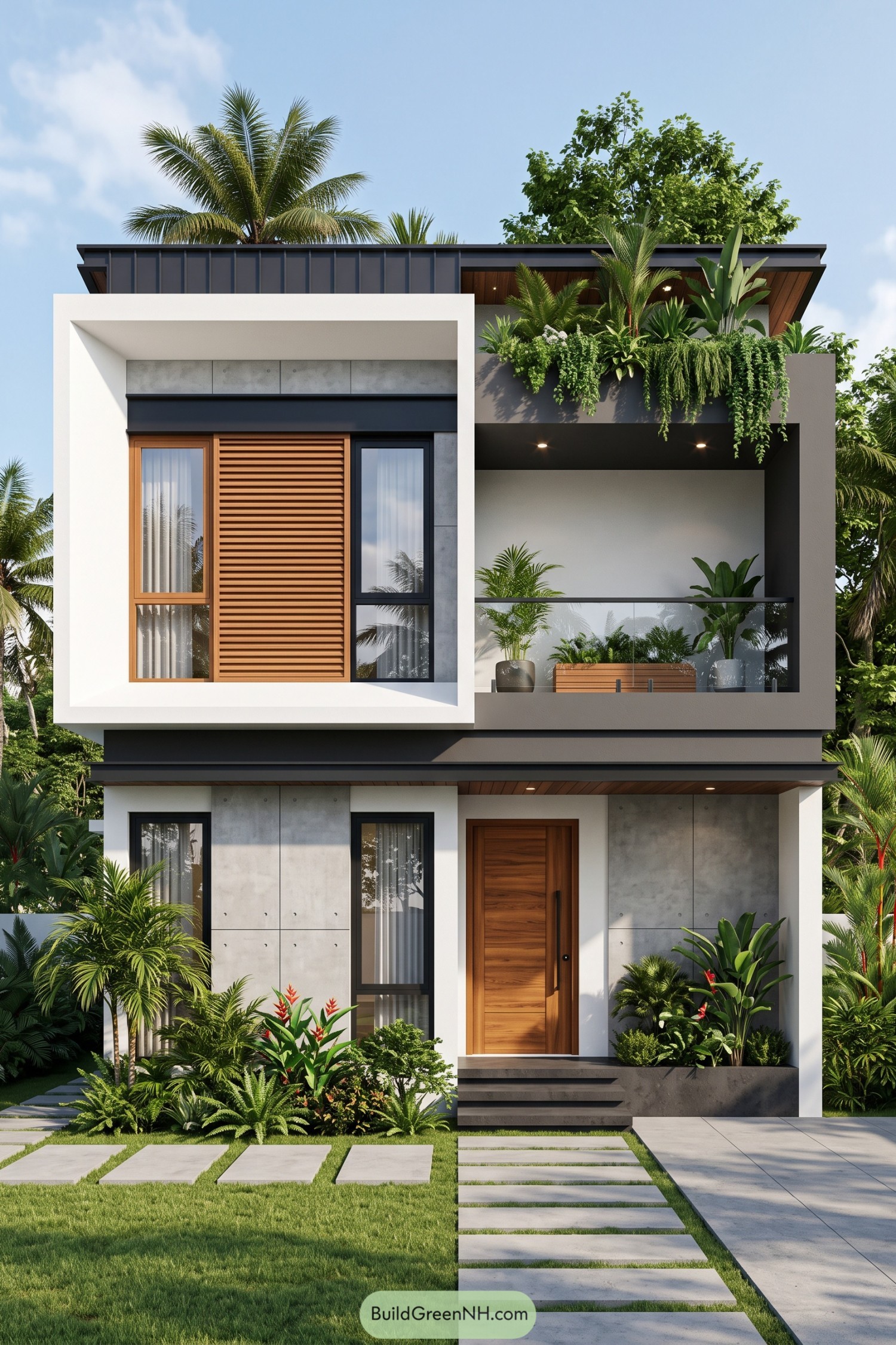 Modern two-story home with louvered wood screen and balcony planters