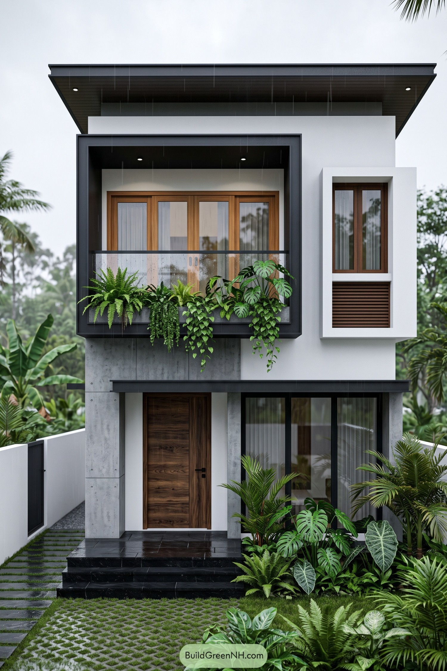 Modern tropical house with charcoal balcony frame and lush planters