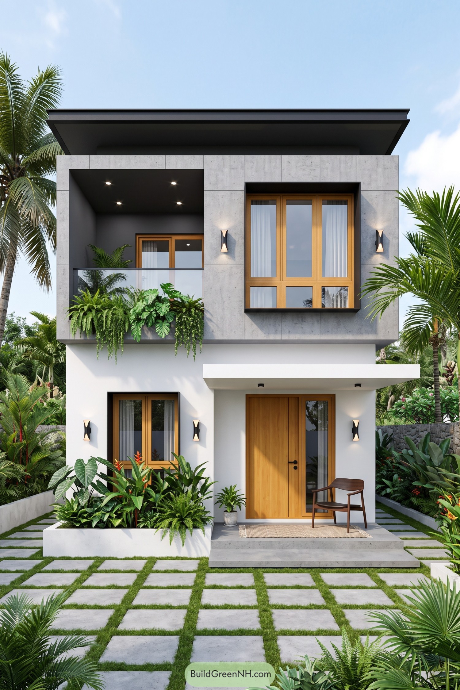 Modern two-story home with concrete panels wood windows and lush tropical planting