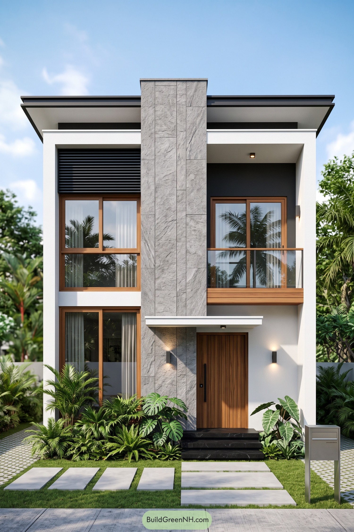 Modern three-story home with stone cladding and wood windows