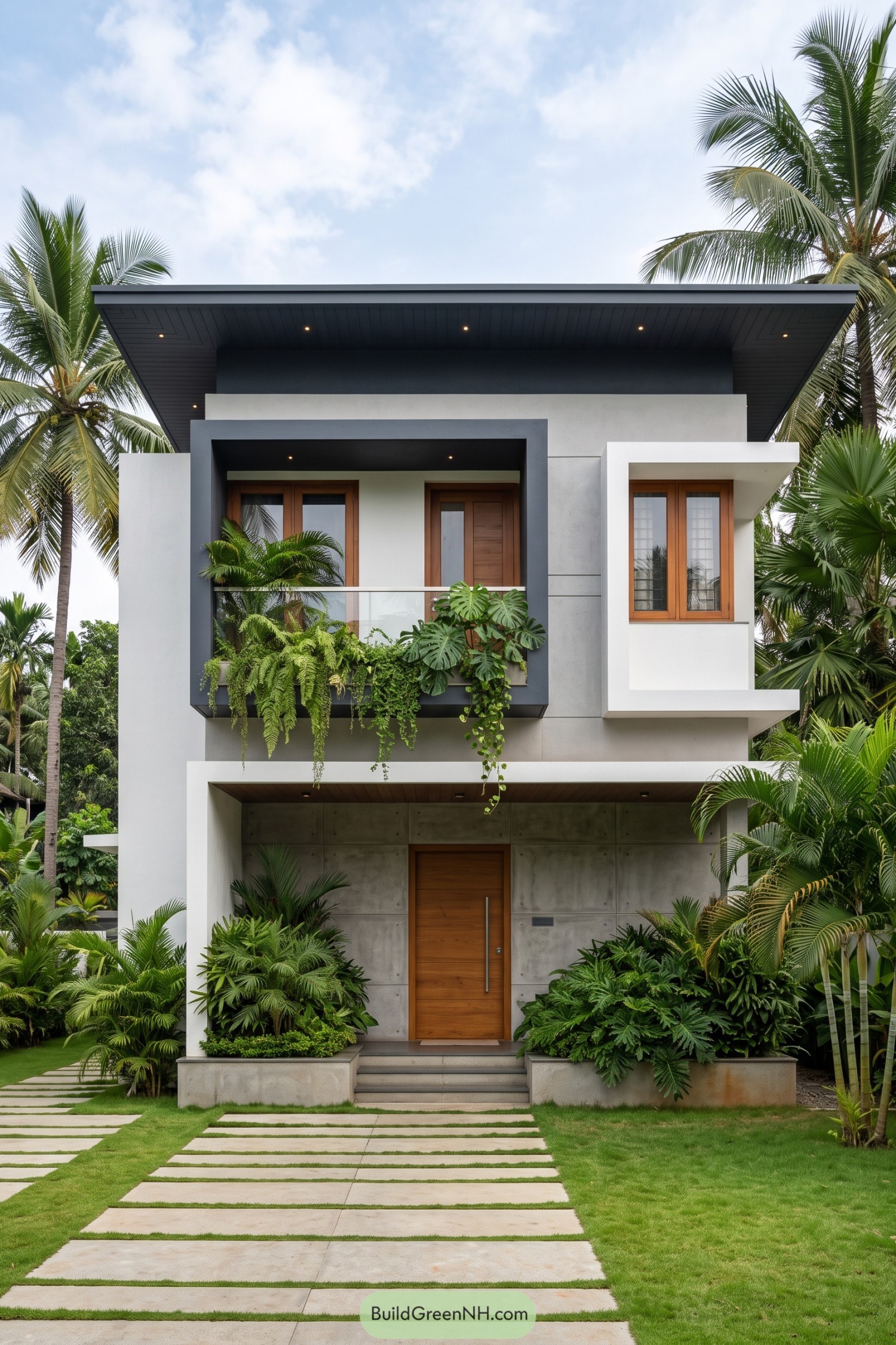 Modern tropical house with charcoal balcony frame and lush planting