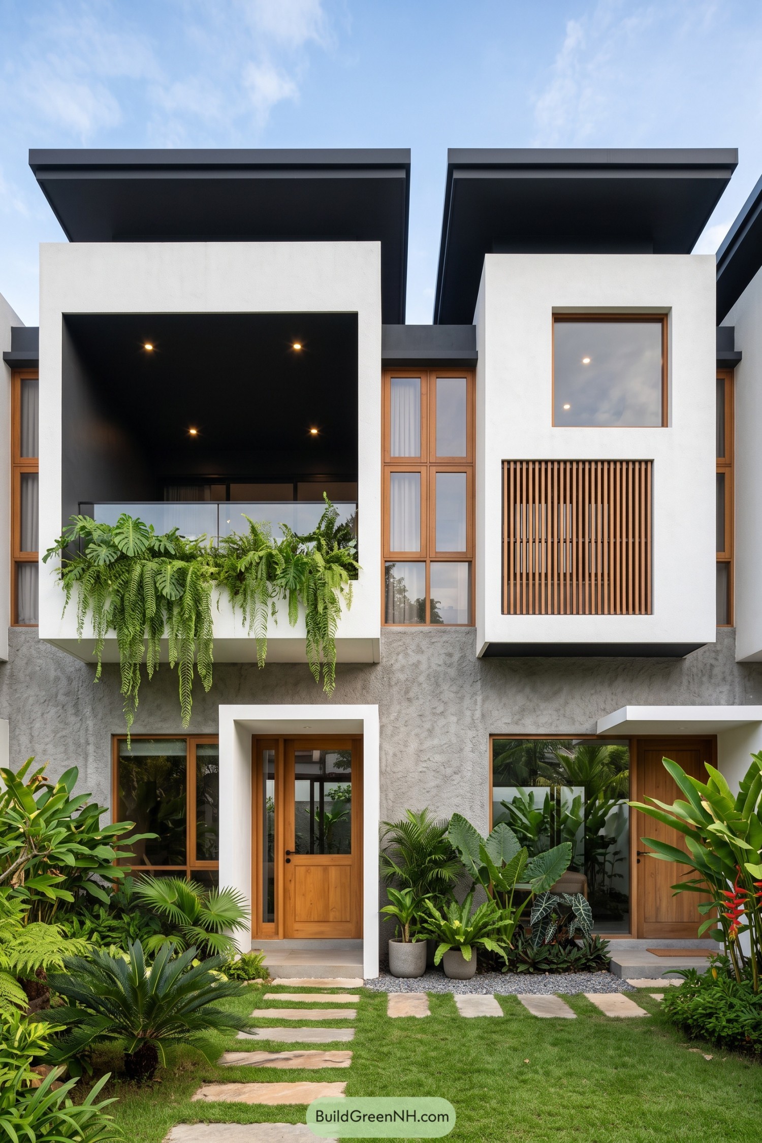 Modern white and gray house with timber windows fern balcony and tropical garden