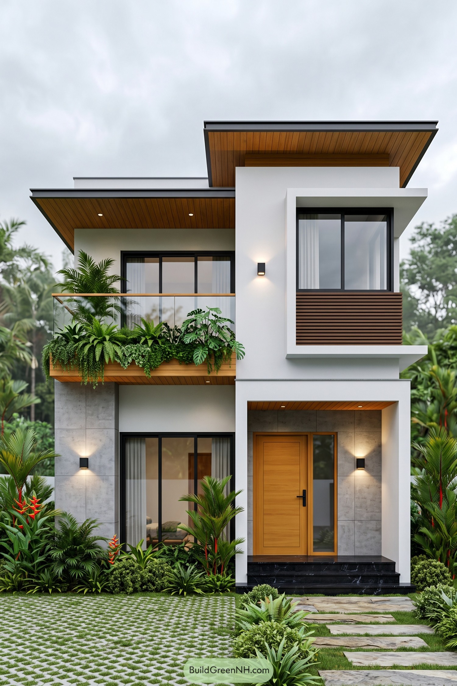 Modern tropical house with timber soffits lush balcony planters and crisp white facade