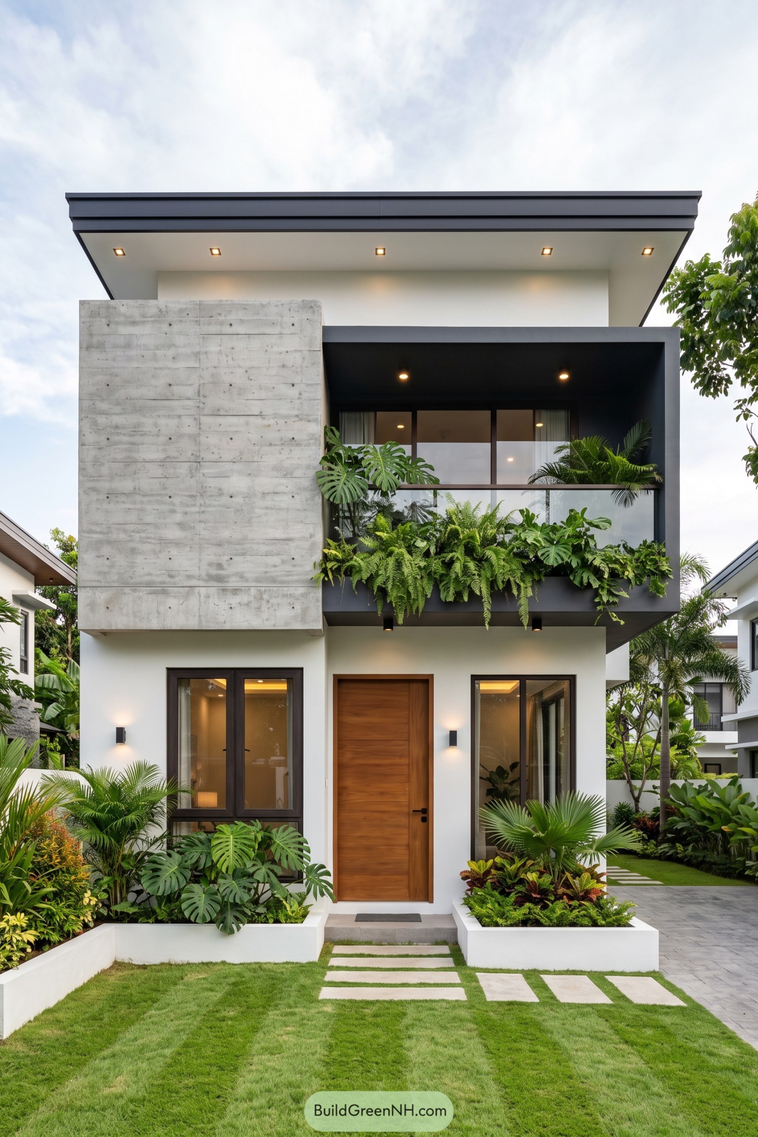 Modern two-story home with concrete panel and balcony garden