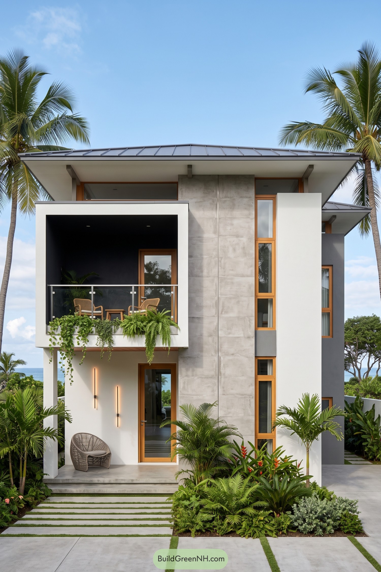 Modern tropical home with concrete facade and planted balcony