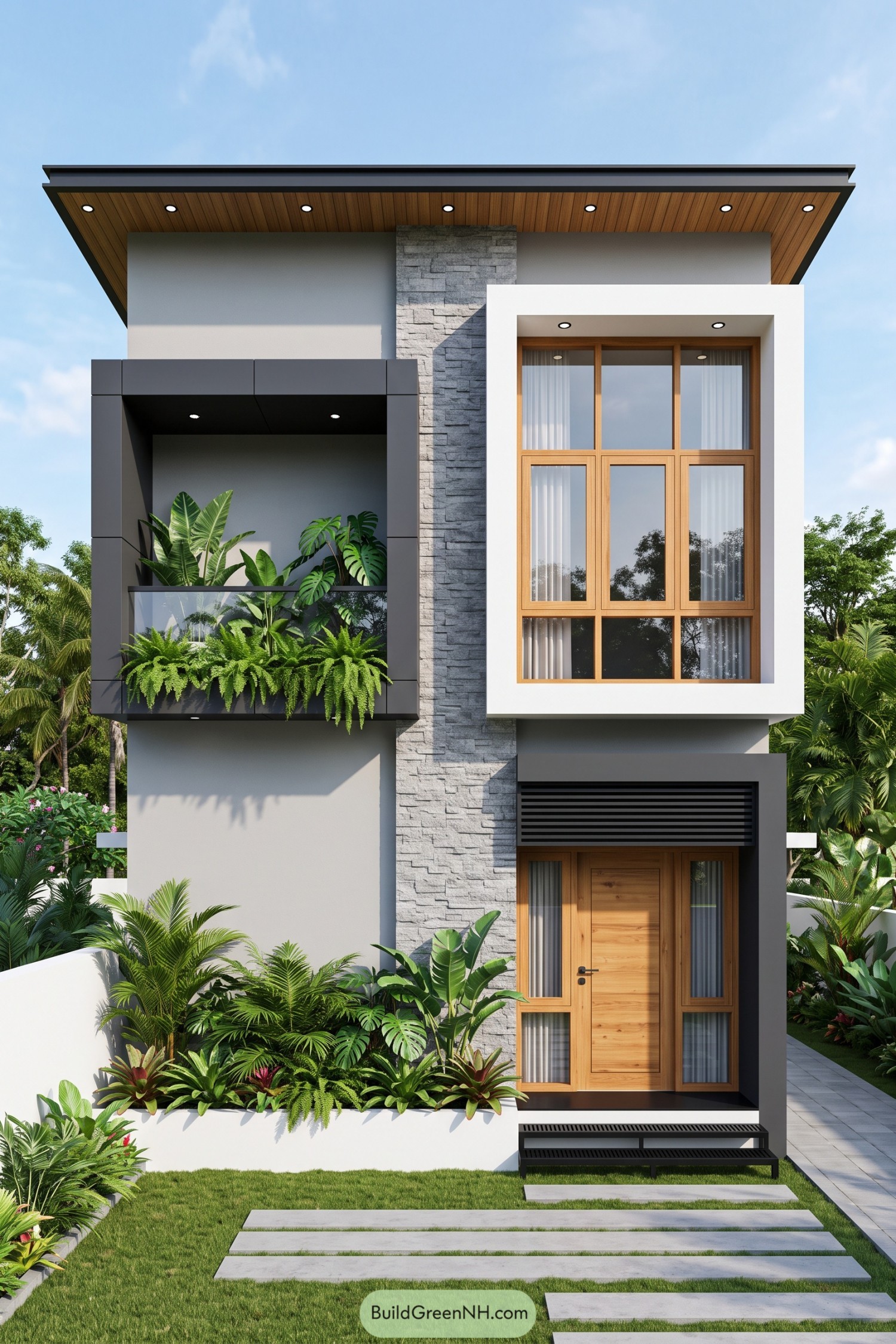 Modern narrow house with stone cladding and planted balcony