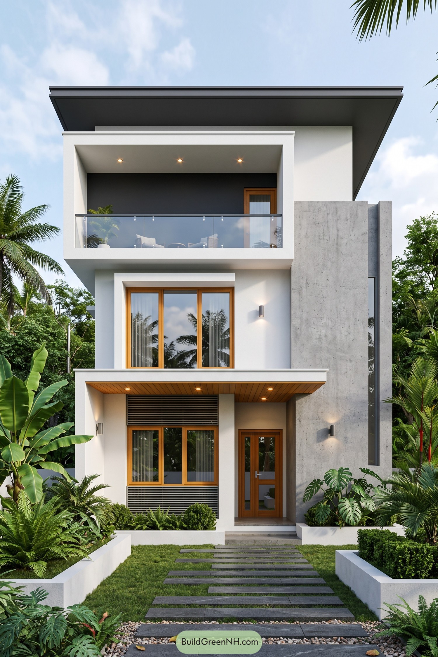 Modern three-story home with glass balcony and tropical garden